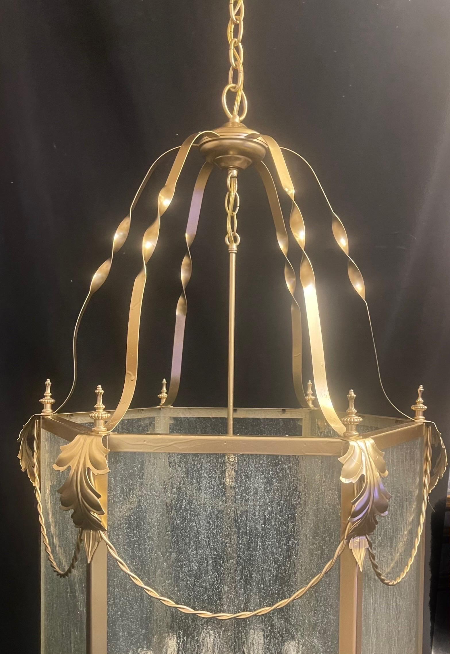 Wonderful Louis XVI Leaf Swag Large Gold Gilt Lantern Light Fixture Seeded Glass For Sale 1