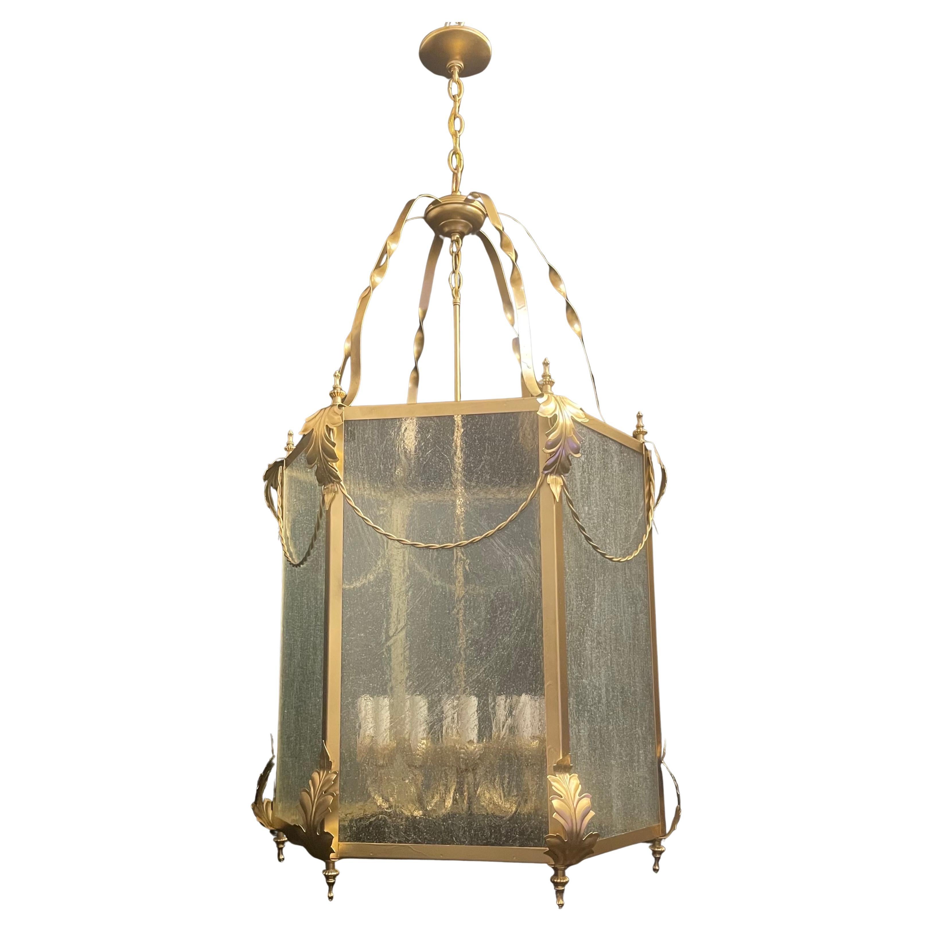 Wonderful Louis XVI Leaf Swag Large Gold Gilt Lantern Light Fixture Seeded Glass For Sale