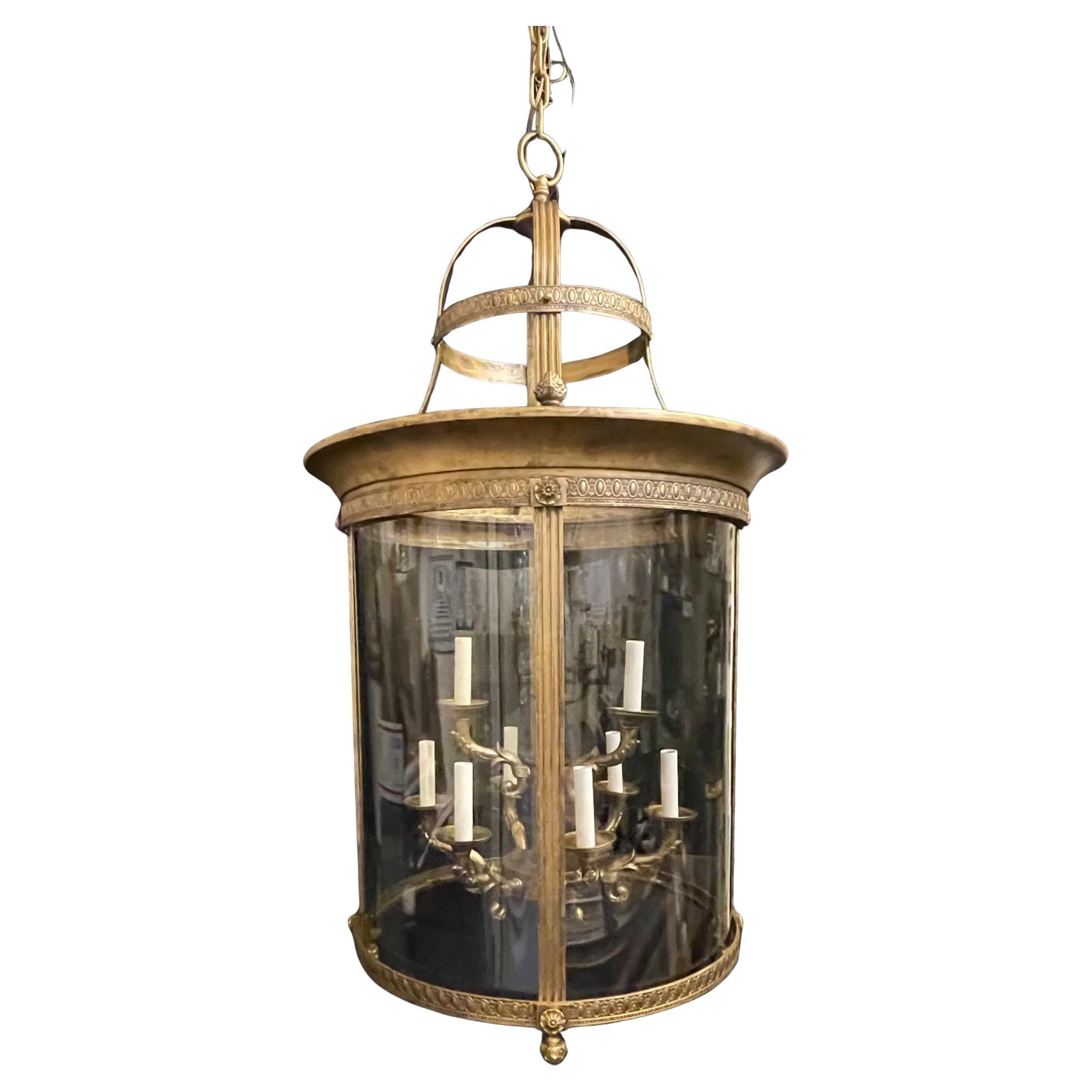 A Wonderful Louis XVI, Neoclassical, Regency, Empire Style Large Curved Glass 9 Candelabra Light Lantern Lantern Fixture With 3 Feet Of Chain And Canopy  