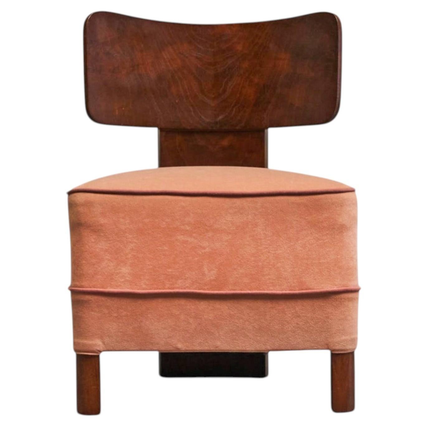 Wonderful Low Art Deco Side or Vanity Chair in Velvet and Elm 1930s For Sale
