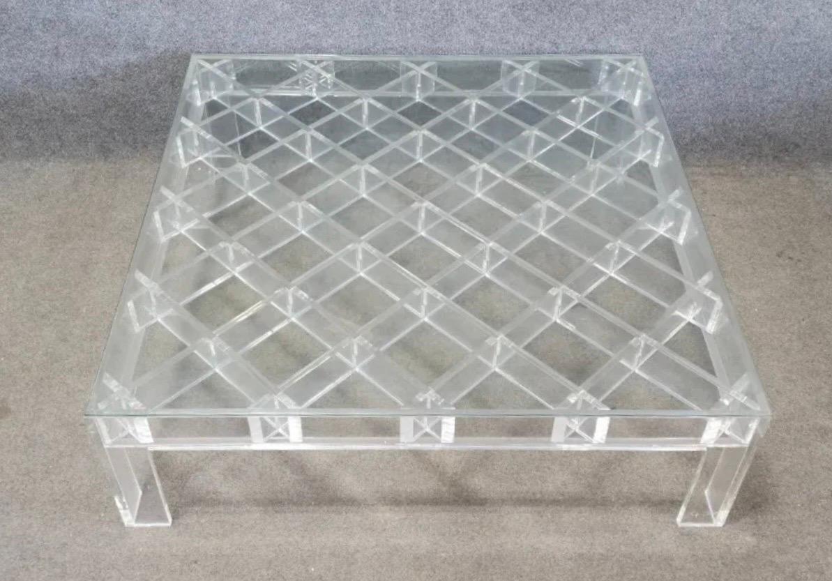 A Wonderful Mid Century Modern Lucite / Acrylic Lattice Form Coffee / Cocktail Table With Glass Top, Signed By Gary Strutin In The Manner Of Charles Hollis Jones.