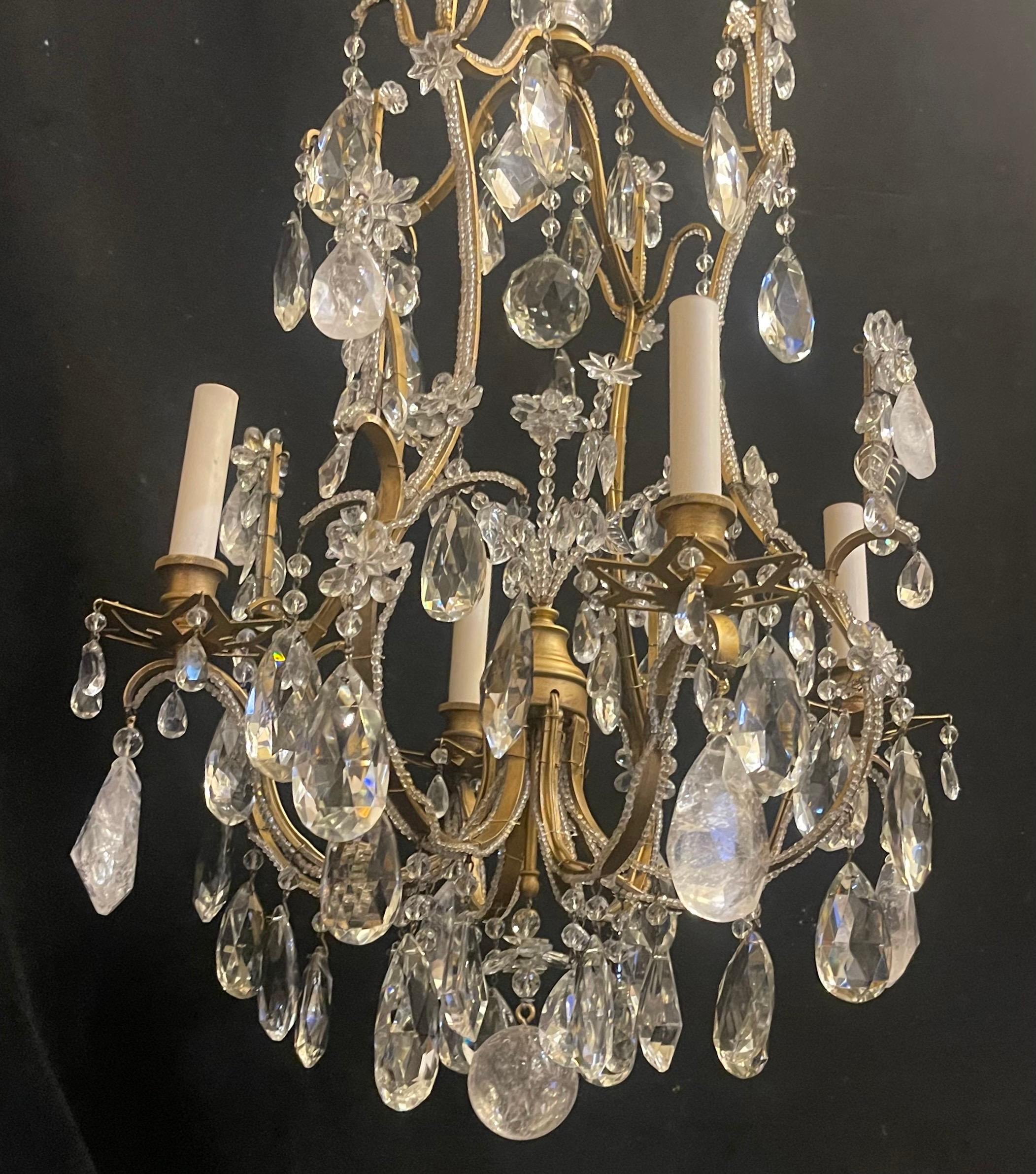 Belle Époque Wonderful Maison Baguès Bronze Gold Gilt Beaded Rock Crystal Basket Chandelier en vente