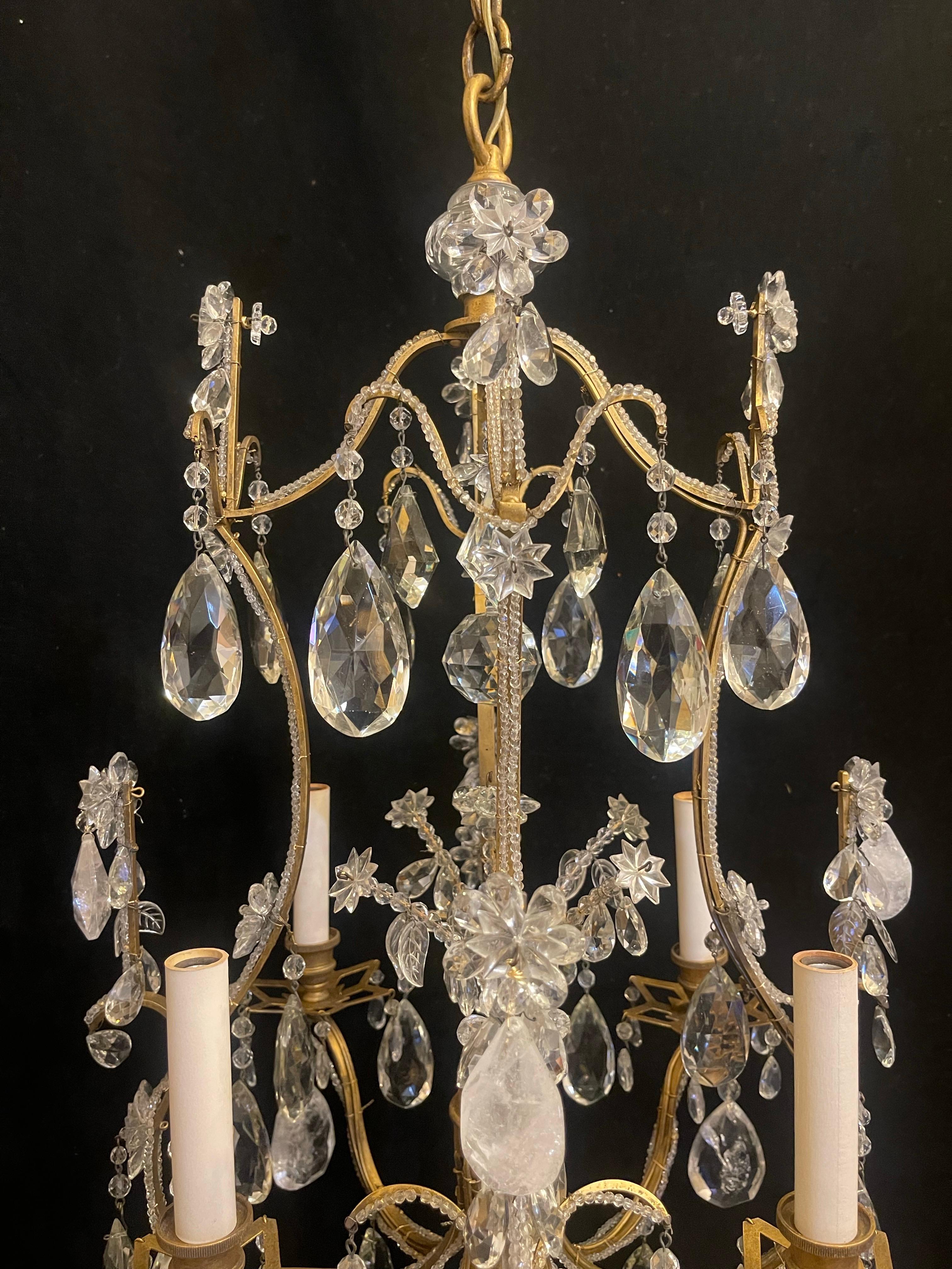 Wonderful Maison Baguès Bronze Gold Gilt Beaded Rock Crystal Basket Chandelier Bon état - En vente à Roslyn, NY
