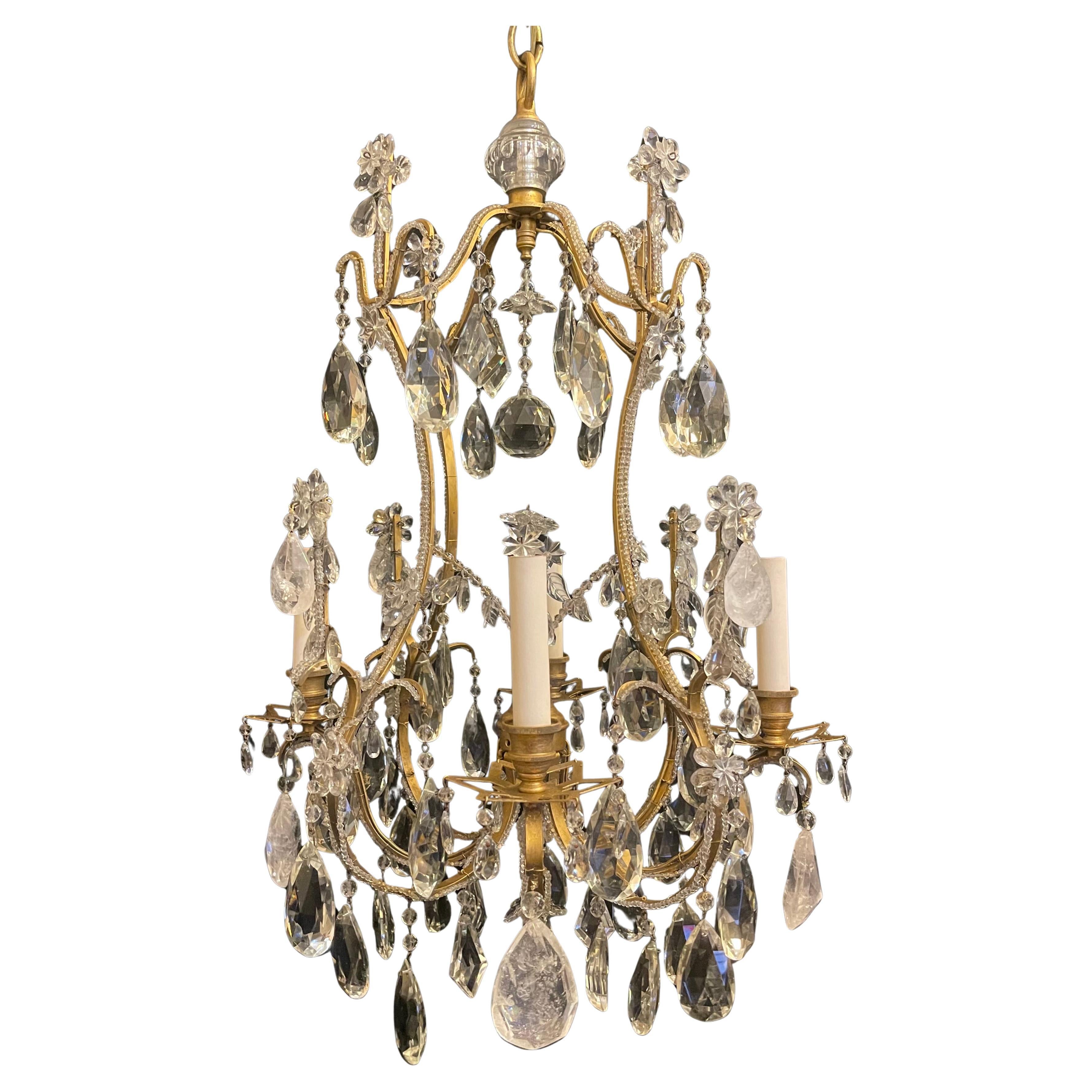 Wonderful Maison Baguès Bronze Gold Gilt Beaded Rock Crystal Basket Chandelier