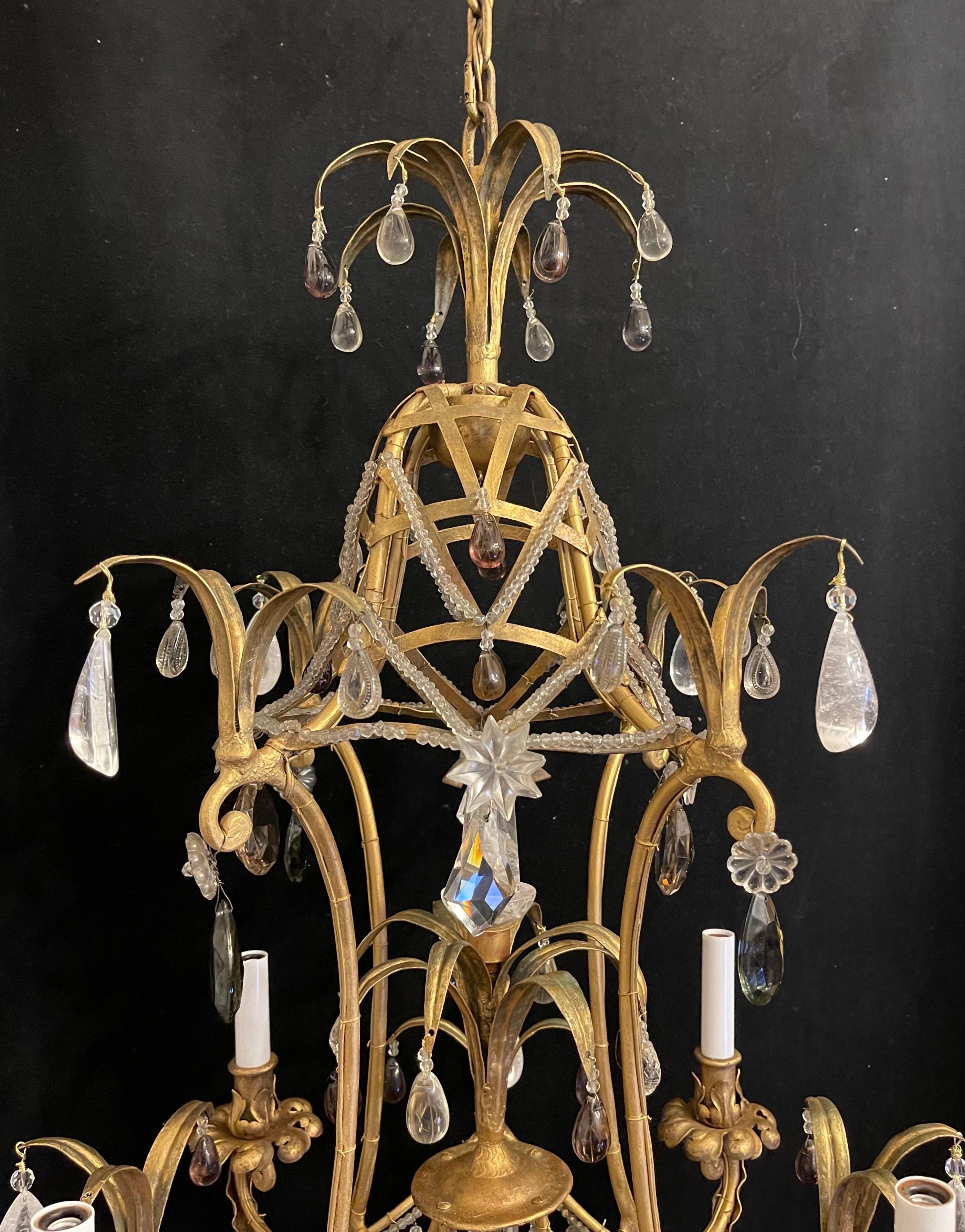 French Wonderful Maison Bagues Gilt Rock Crystal Amethyst Pagoda Chandelier Fixture For Sale
