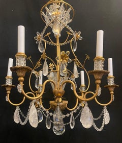 Wunderschöne Maison Baguès Gold vergoldet Perlen Korb Bergkristall 6 Licht Kronleuchter