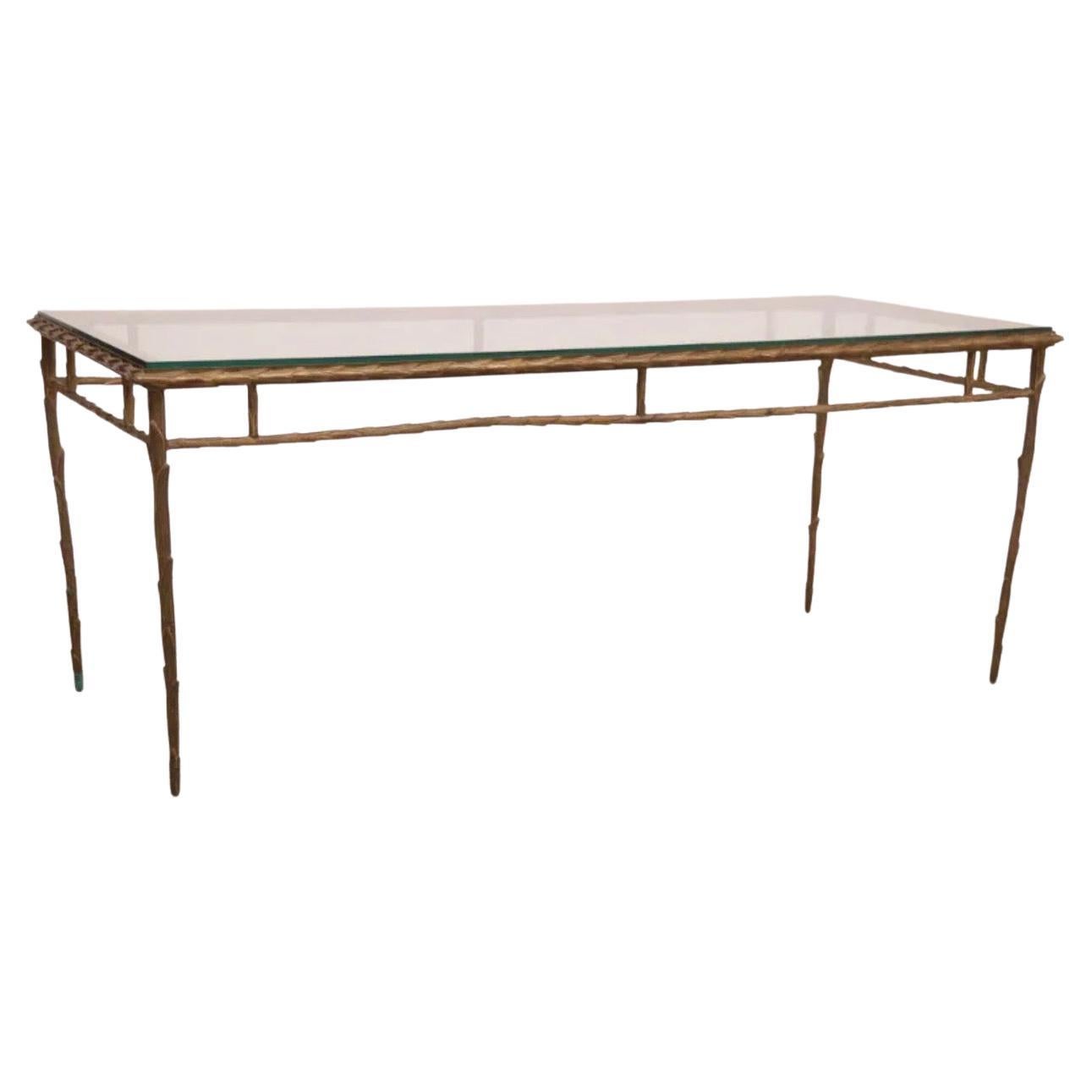 Wonderful Maison Bagues Jansen French Leaf Bronze Glass Coffee Cocktail Table For Sale
