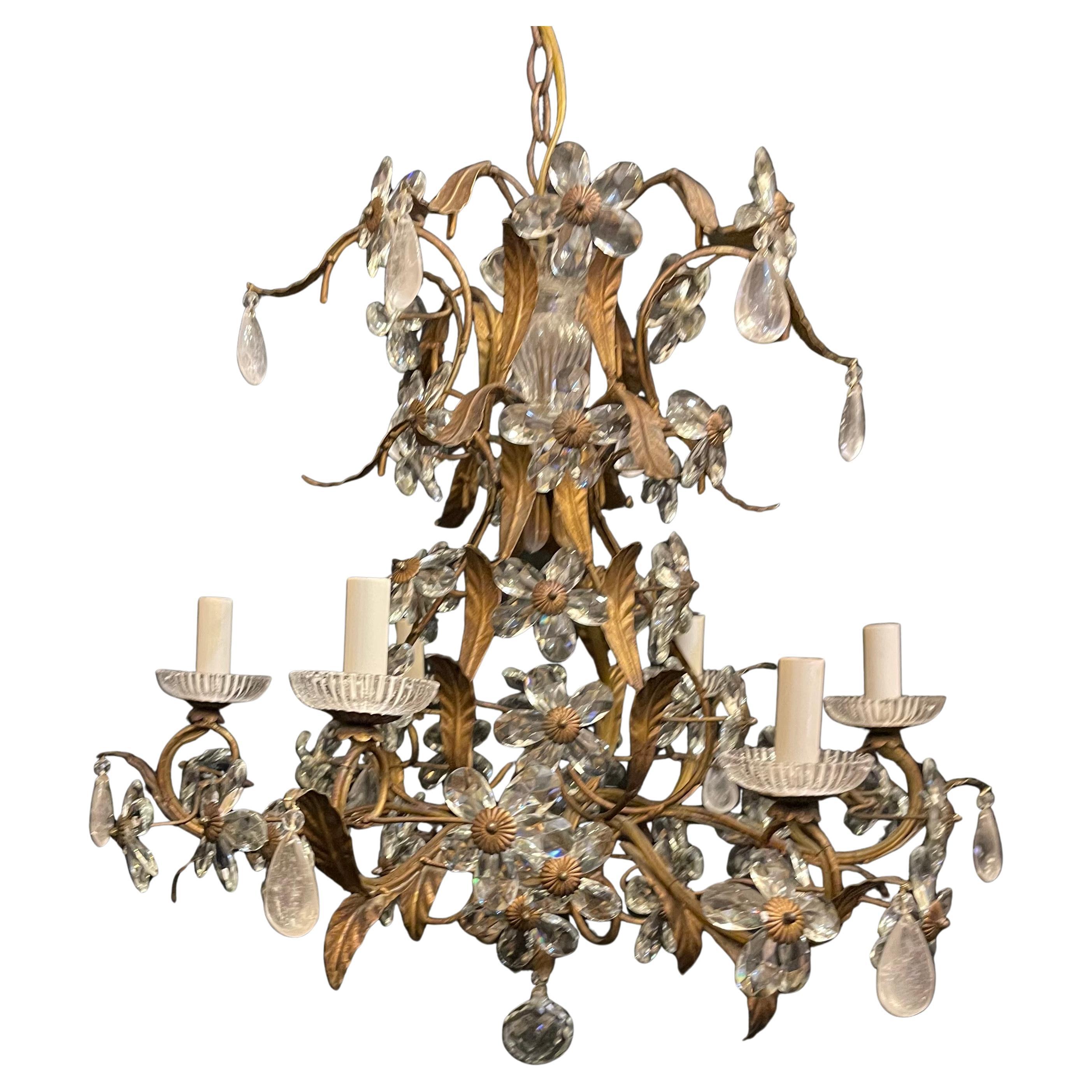 Wonderful Maison Bagues Rock Crystal Flower Bouquet Bird Cage 6 Light Chandelier For Sale