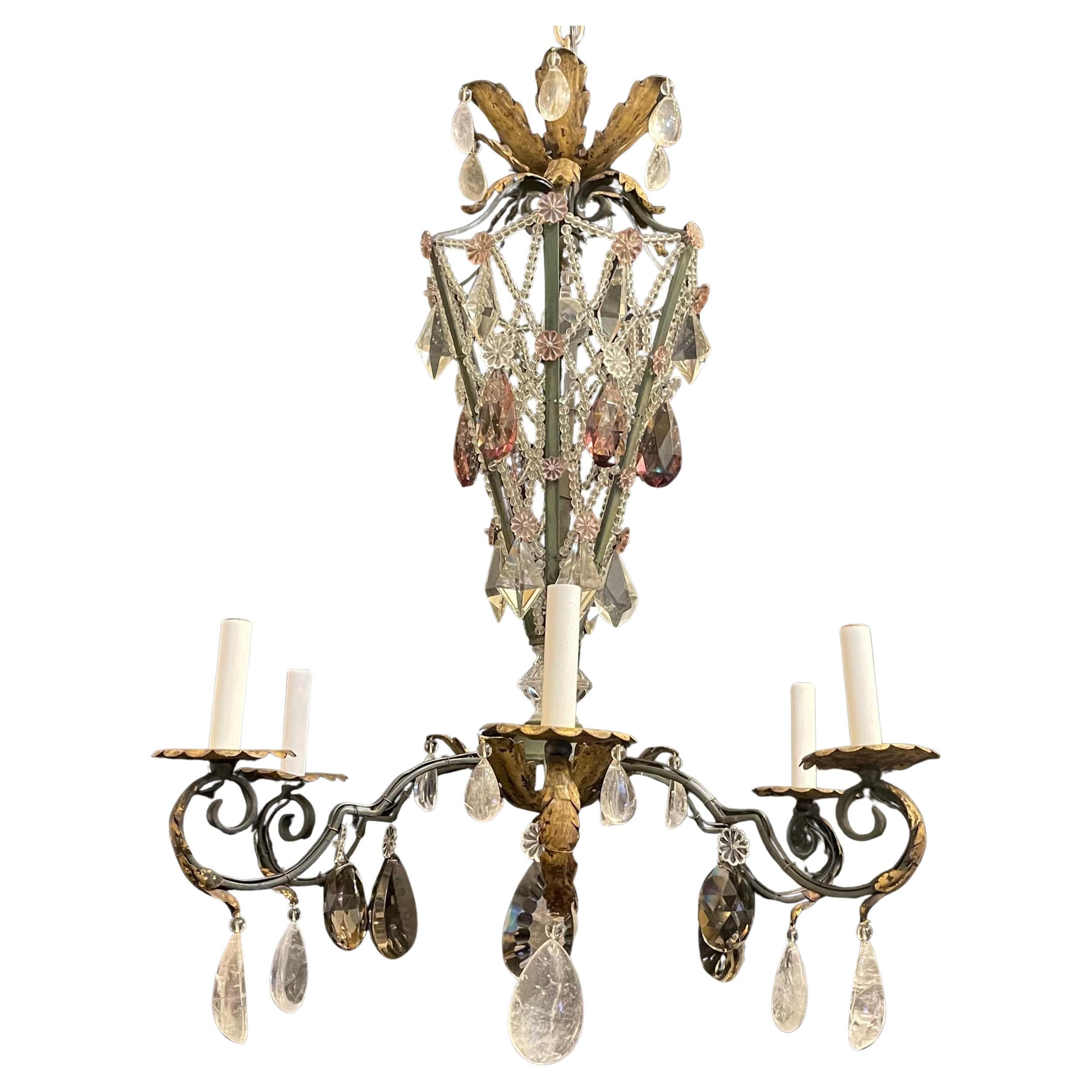 Maravillosa lámpara de araña francesa Maison Baguès Rock Crystal Green Beaded Lattice Belle Époque en venta