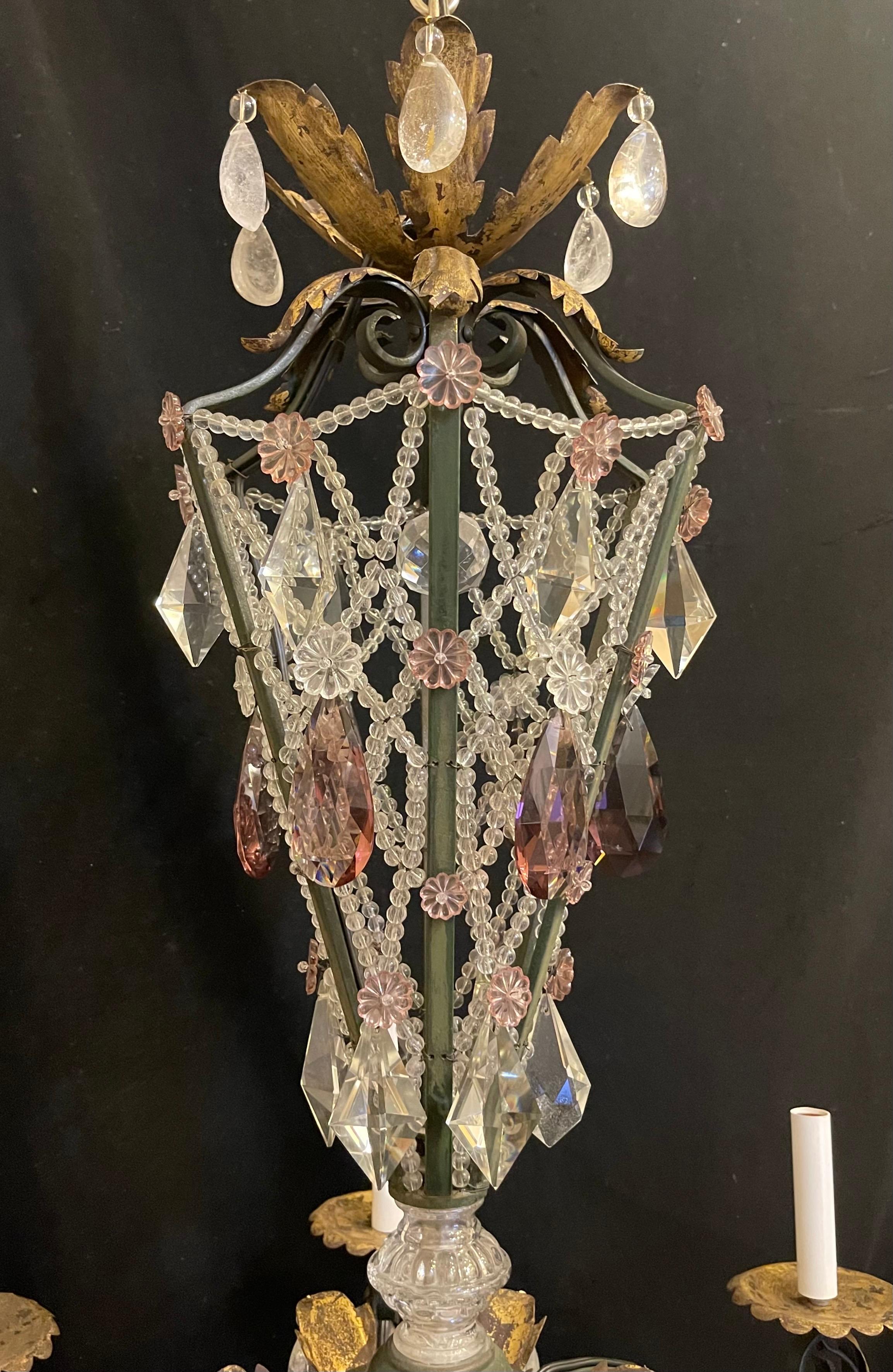 Maravillosa lámpara de araña francesa Maison Baguès Rock Crystal Green Beaded Lattice Francés en venta