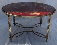 Wonderful Maison Bagues Round Chinoiserie Red Lacquer Bamboo Bronze Coffee Table