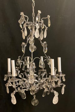Wonderful Maison Baguès Style Iron Silver Gilt Rock Crystal Flower Chandelier