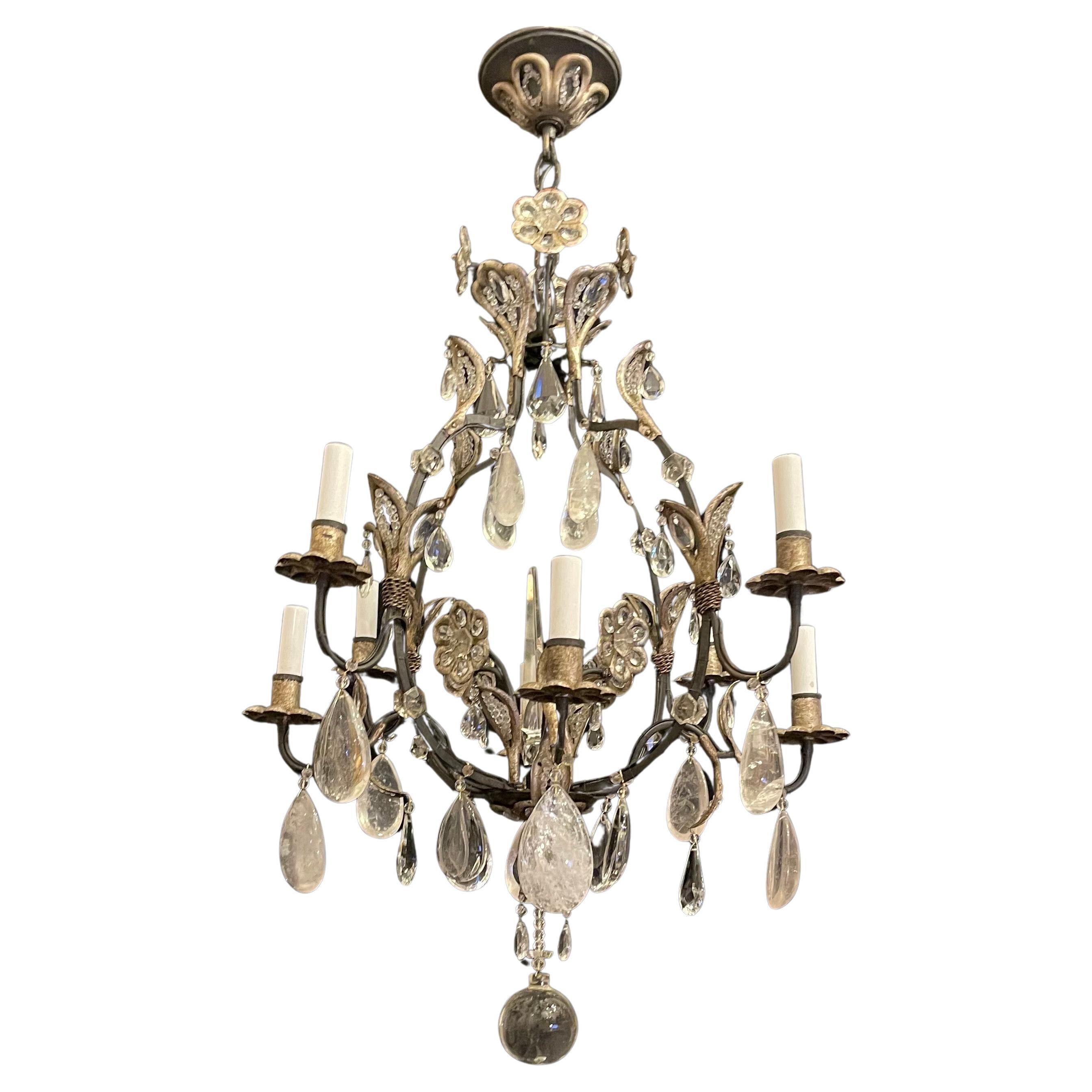 A Wonderful 8 Candelabra Light In The Manner Of Maison Baguès Style Iron & Silver Gilt With Rock Crystal And Crystal Drop Chandelier Having Flower Bouquet Accents Throughout.