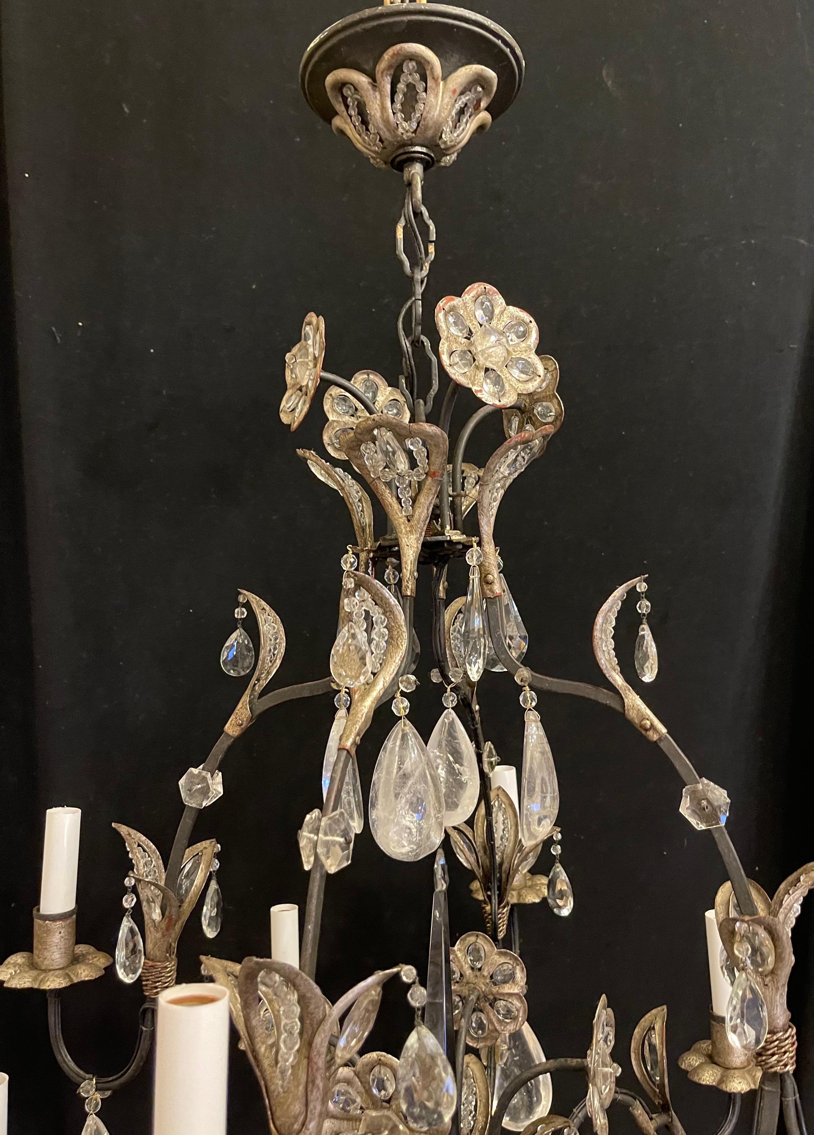 Belle Époque Wonderful Maison Baguès Style Iron Silver Gilt Rock Crystal Flower Chandelier For Sale