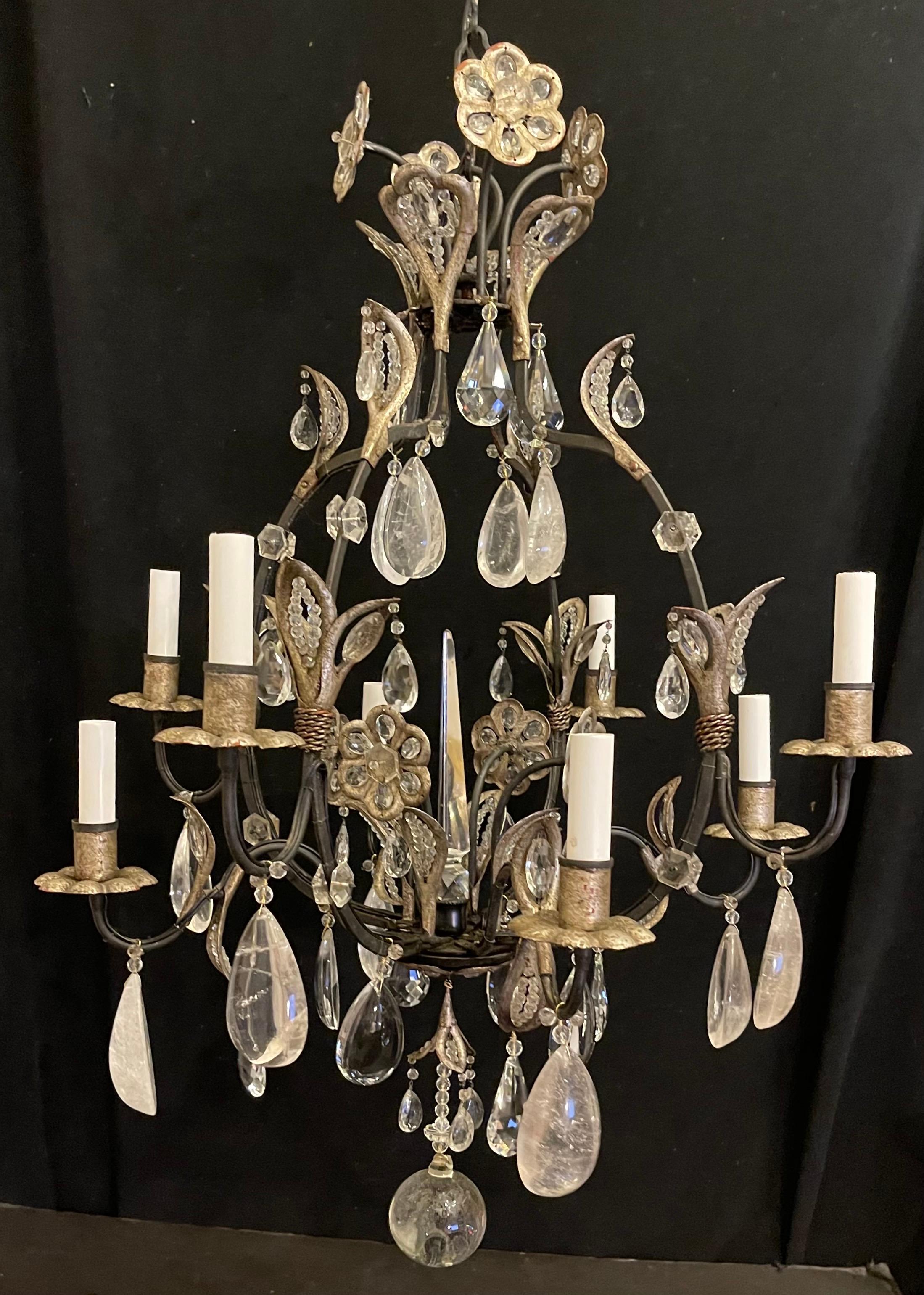 Wonderful Maison Baguès Style Iron Silver Gilt Rock Crystal Flower Chandelier In Good Condition For Sale In Roslyn, NY