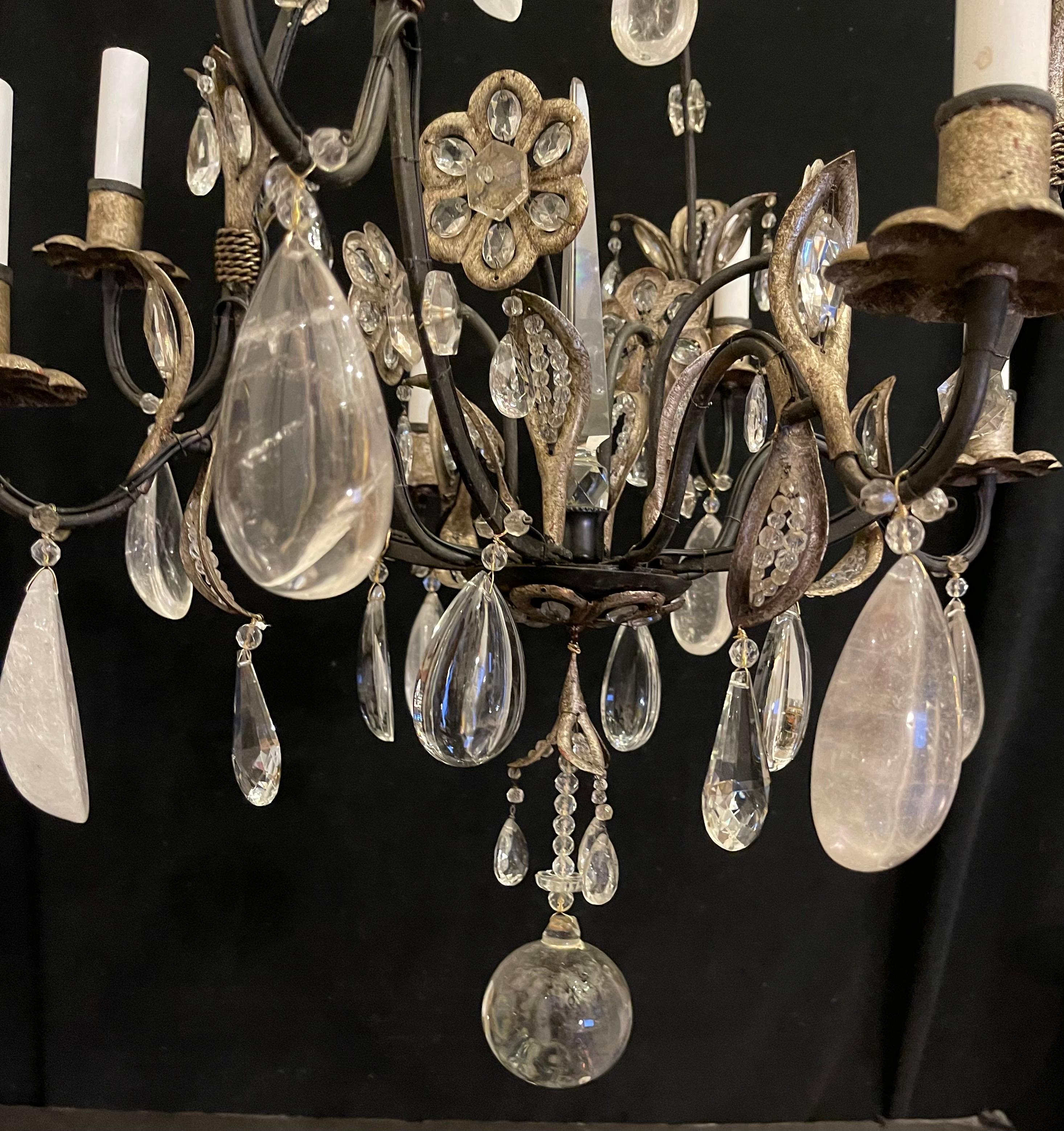 20th Century Wonderful Maison Baguès Style Iron Silver Gilt Rock Crystal Flower Chandelier For Sale