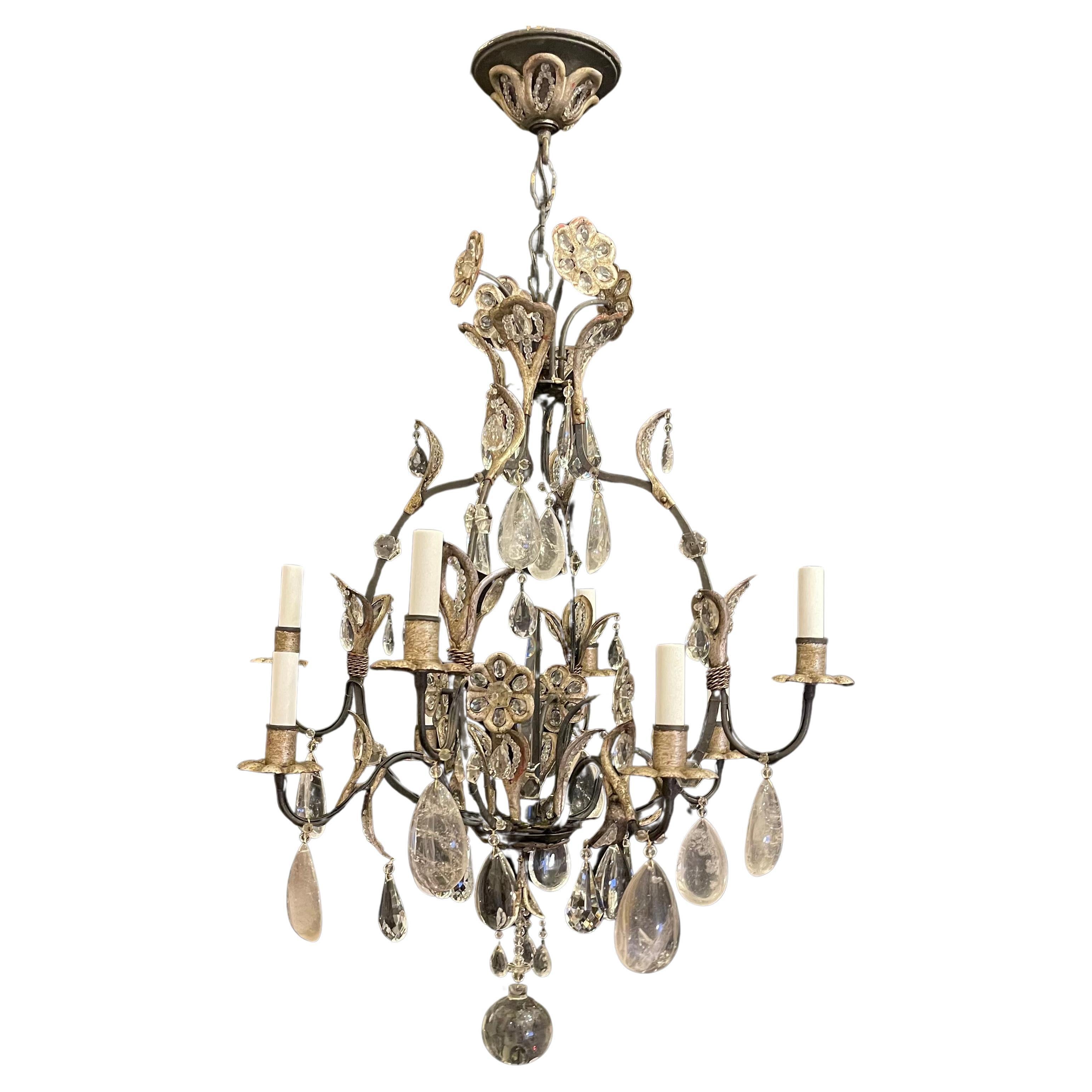 Wonderful Maison Baguès Style Iron Silver Gilt Rock Crystal Flower Chandelier