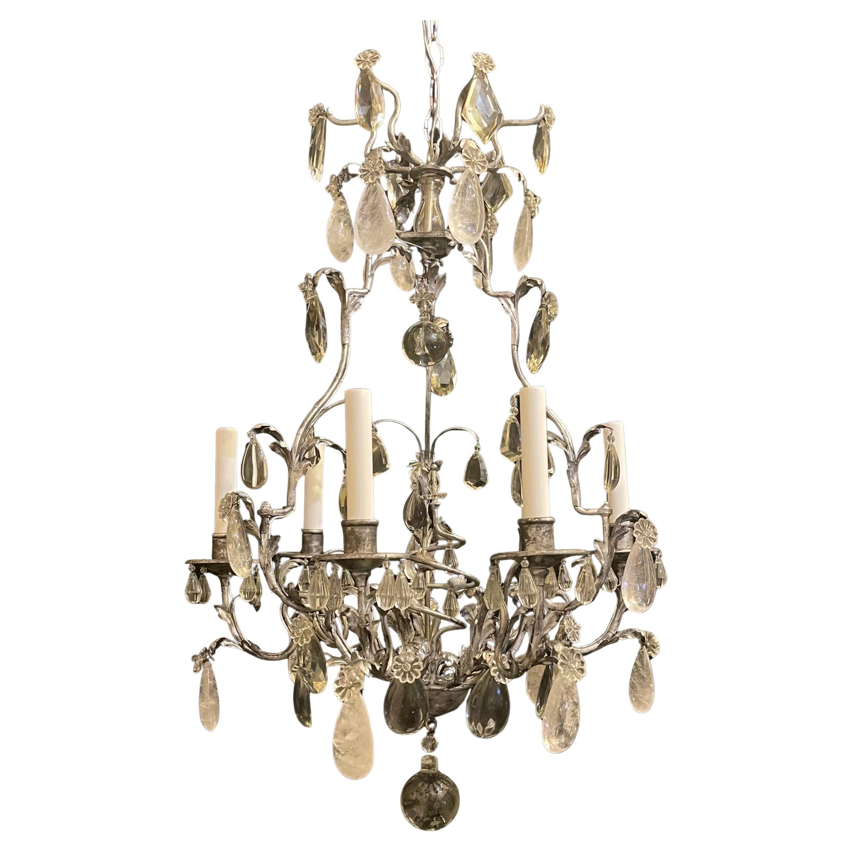 Wonderful Maison Baguès Style Iron Silver Gilt Rock Crystal Flower Chandelier For Sale