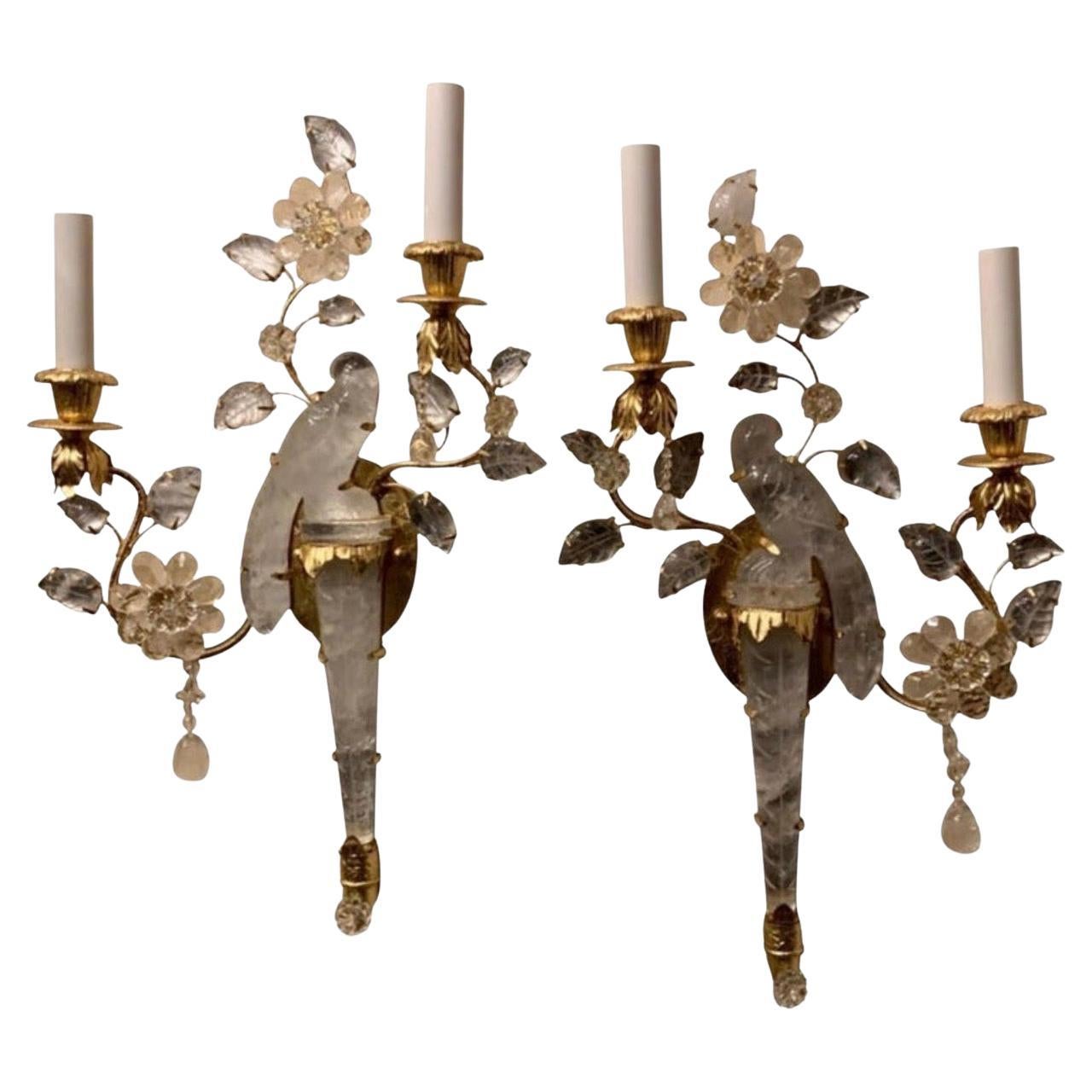 Wonderful Maison Baguès Style Two-Arm Rock Crystal Bird Urn Form Petite Sconces