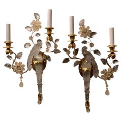 Wonderful Maison Baguès Style Two-Arm Rock Crystal Bird Urn Form Petite Sconces