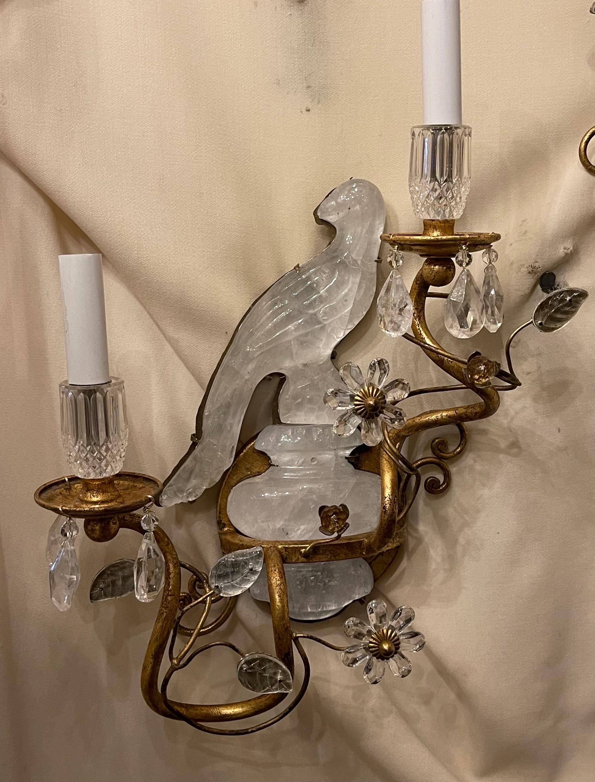 Belle Époque Wonderful Maison Baguès Two-Arm Rock Crystal Bird Parrot Urn Petite Sconces For Sale