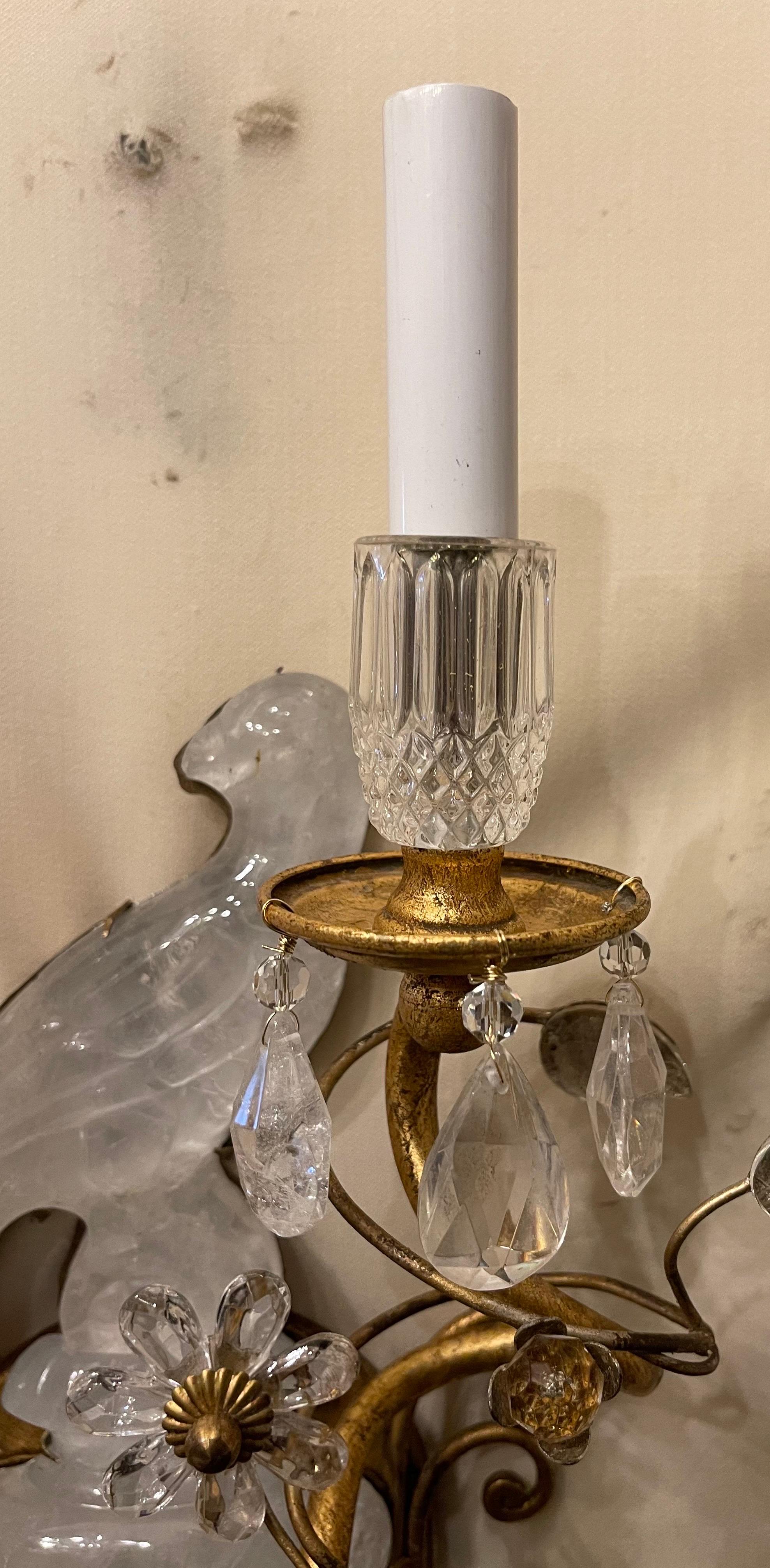 Wonderful Maison Baguès Two-Arm Rock Crystal Bird Parrot Urn Petite Sconces In Good Condition For Sale In Roslyn, NY