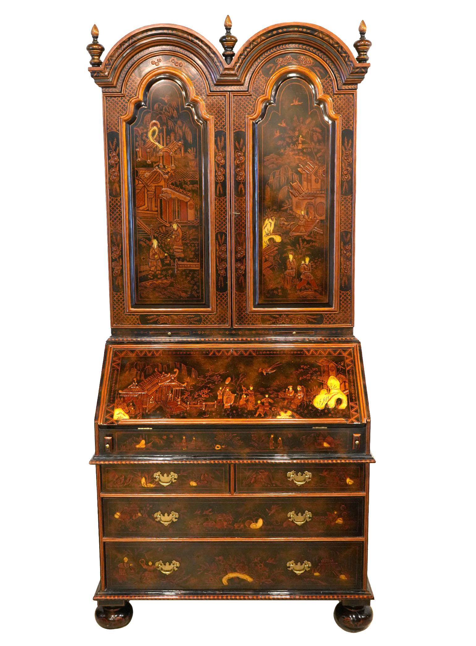 Wonderful Maitland Smith Chinoiserie decorated secretary desk. Leather top writing surface that drops down. Fitted and decorated top section. Queen Anne style. Marked on back. 