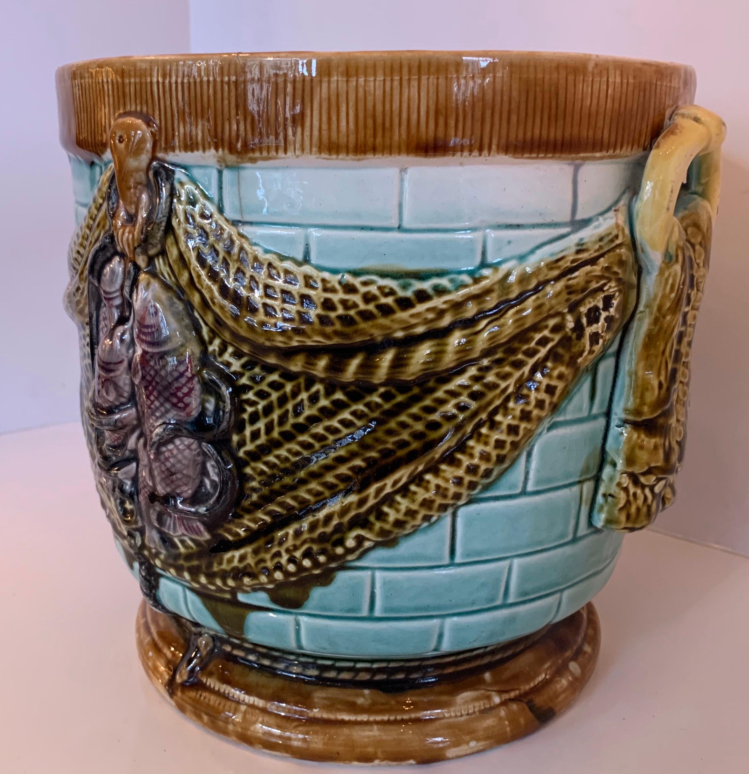 Wonderful Majolica Jardinière Centerpiece Bowl Cache Pot Planter Fish Accents For Sale 1