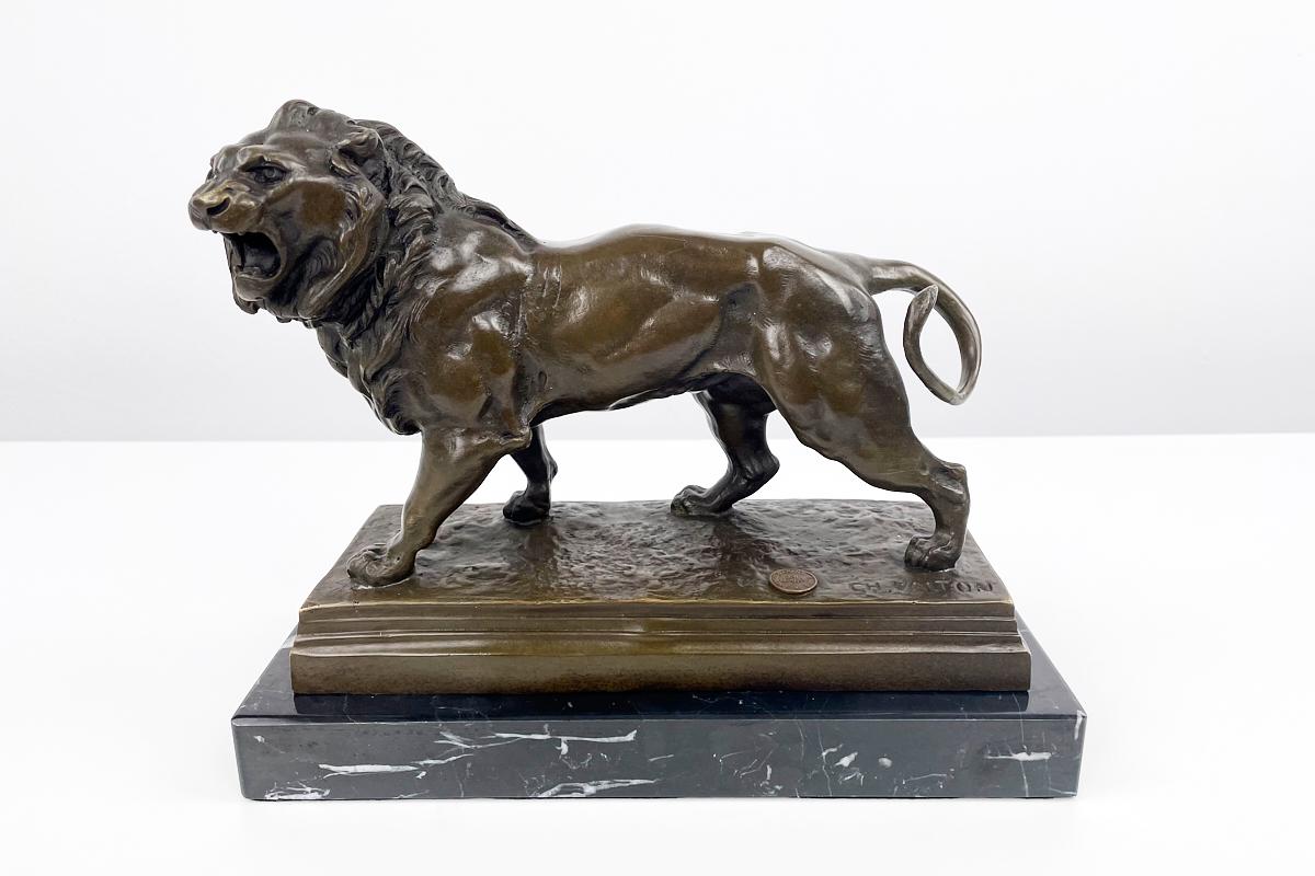 A detailed lion is shown as it is roaring. The lion represents strength, bravery, loyalty and power. He is the king of the beasts! This Art Deco bronze figure is signed with the name of the French artist Ch. Valton (Charles Valton).
Charles Velton