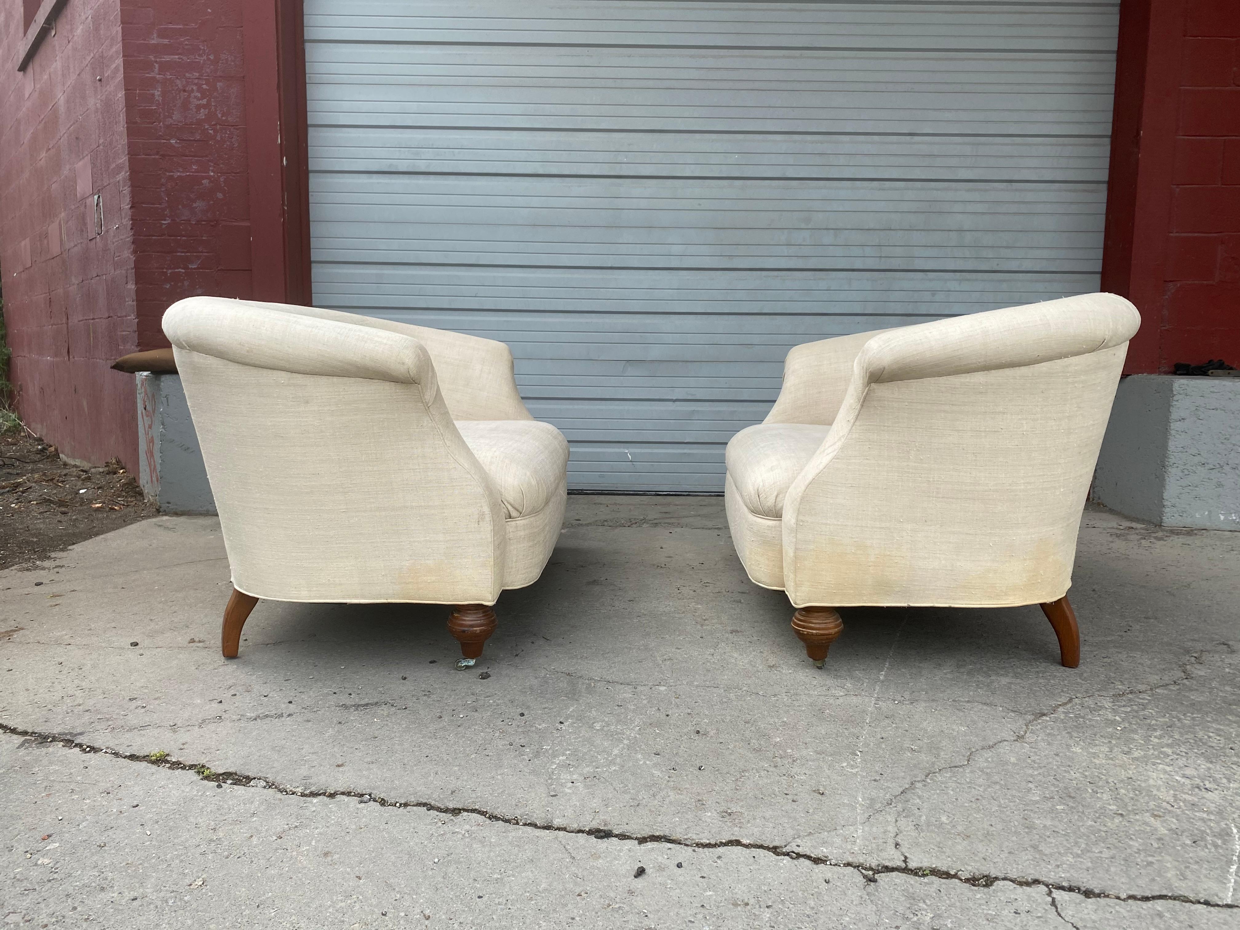 Wonderful matched pair of Victorian style Sette's, loveseats, circa 1930s, stunning form and design, very contemporary modernist, upholstered in a silk linen, minor staining, soiling, have not cleaned.