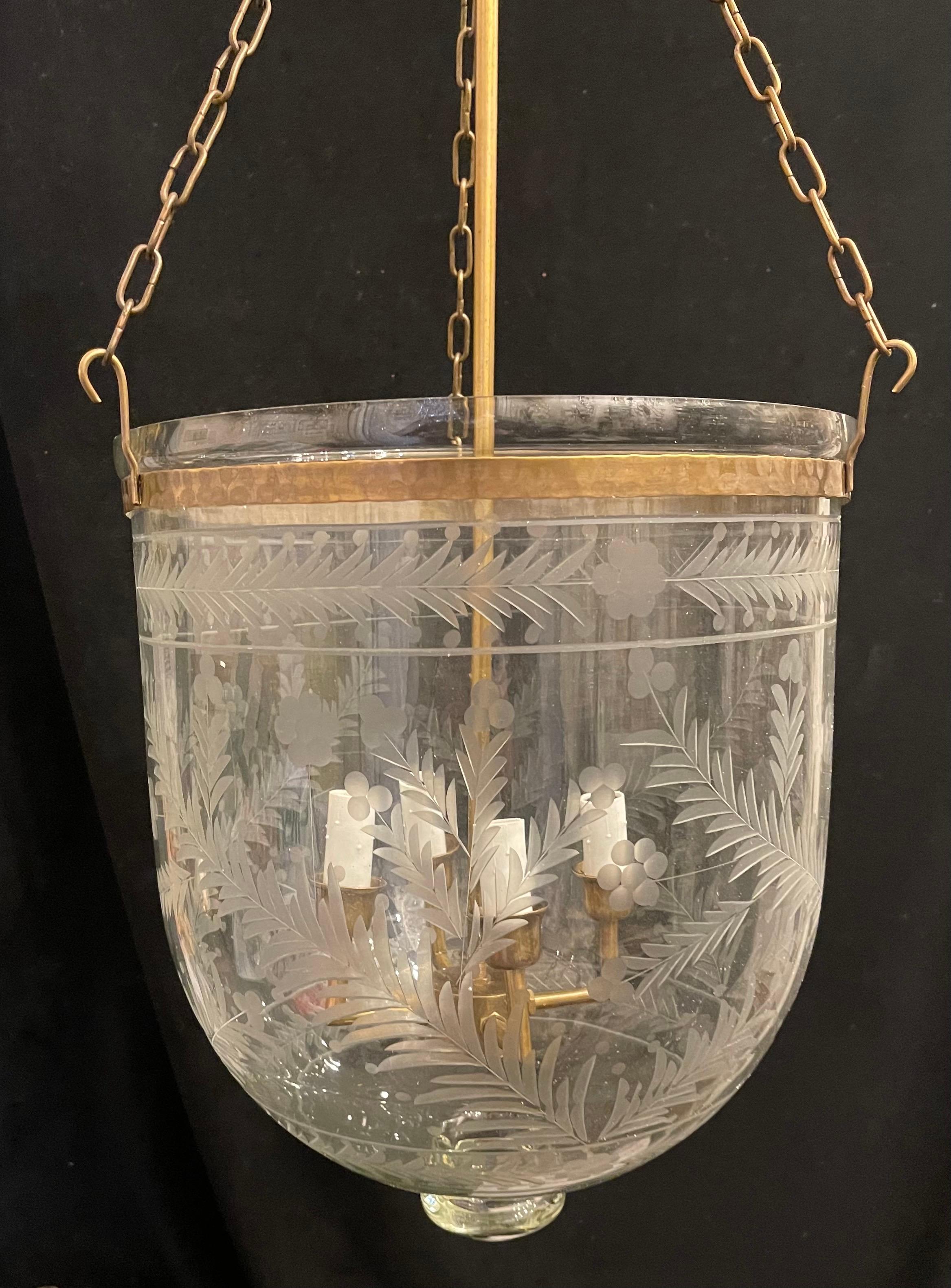 Wonderful Brass & Blown Etched Glass Bell Jar 4 Candelabra Light Lantern Fixture

