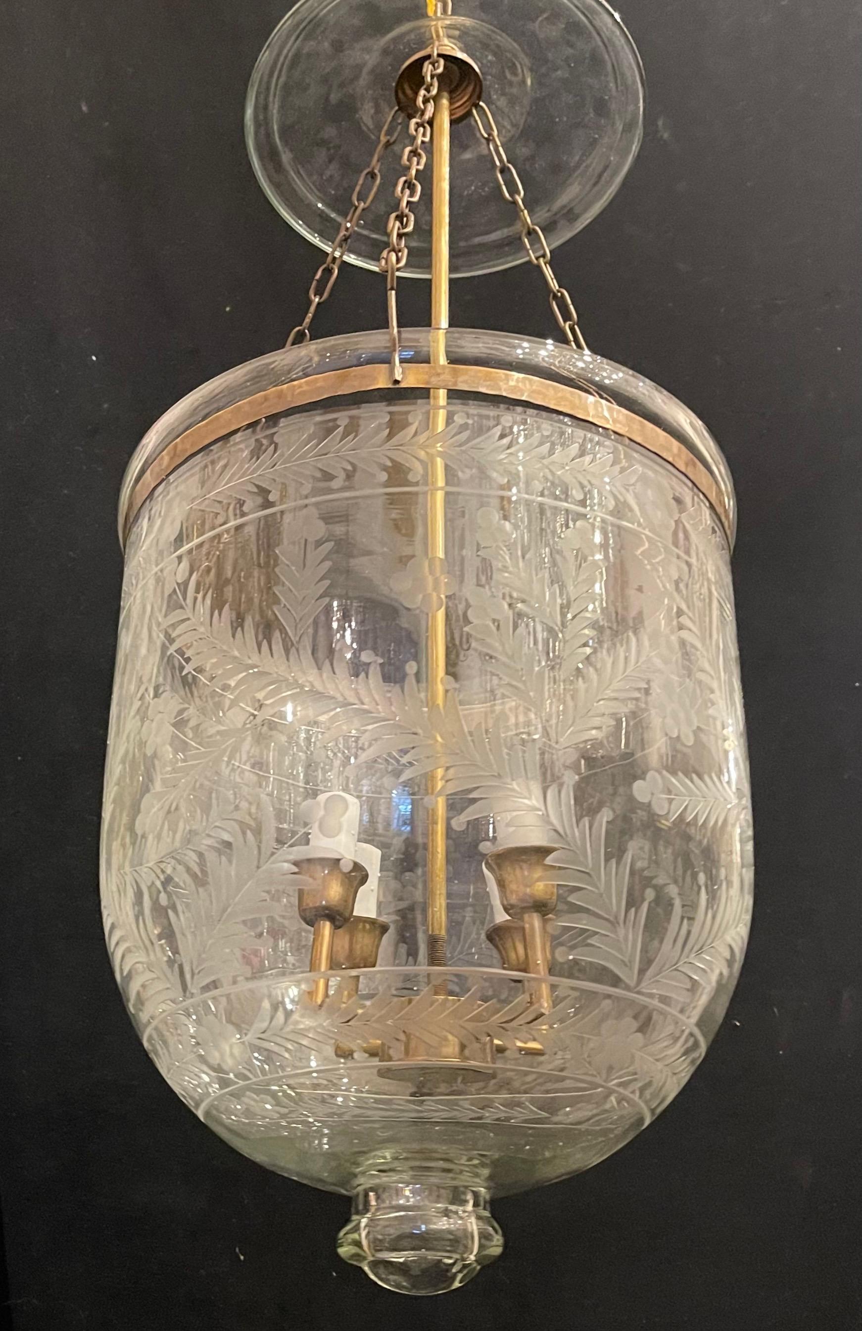 Regency Wonderful Medium Brass Blown Etched Glass Bell Jar 4-Light Lantern Fixture