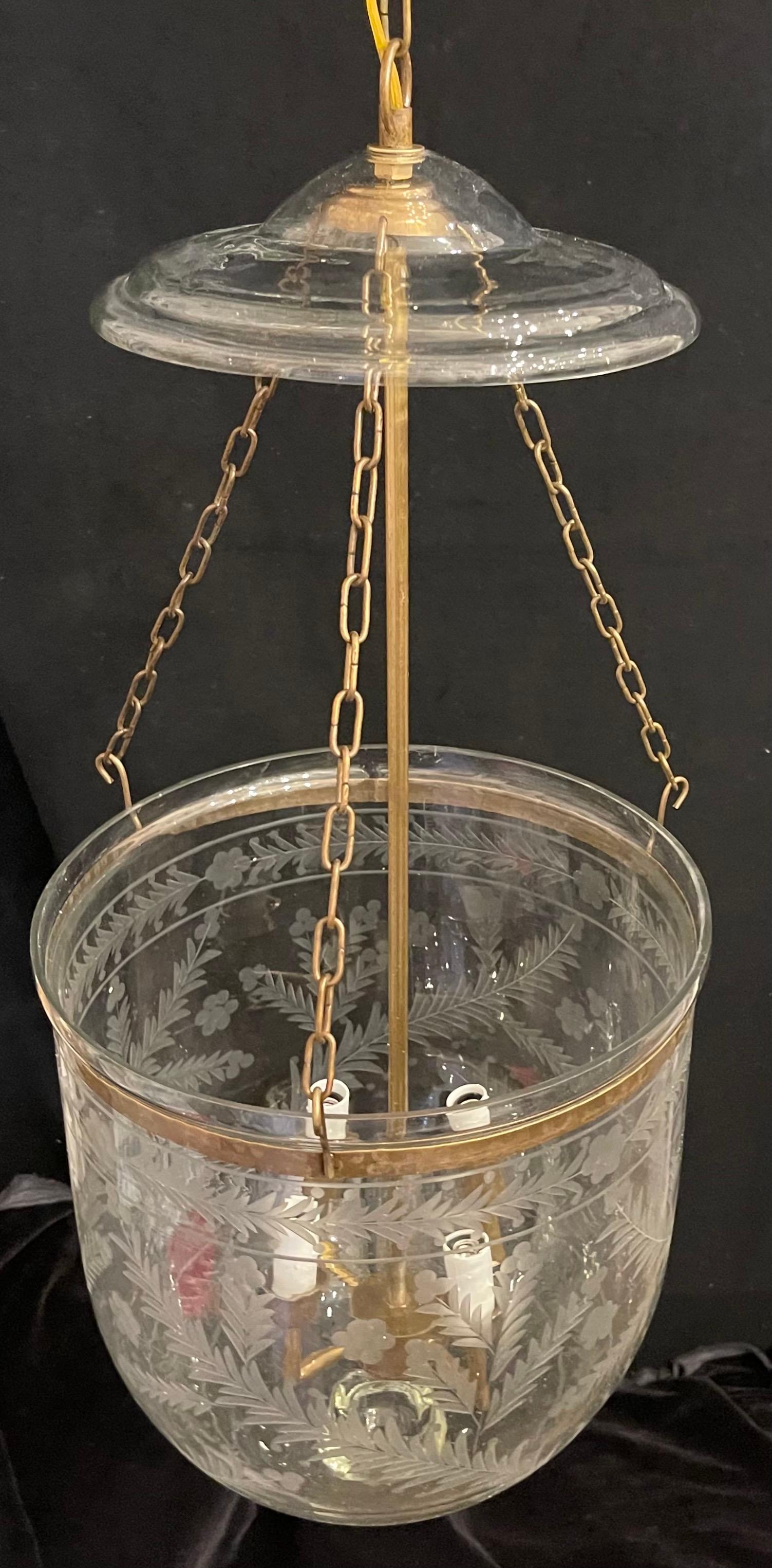 Wonderful Medium Brass Blown Etched Glass Bell Jar 4-Light Lantern Fixture In Good Condition In Roslyn, NY