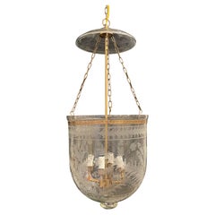 Wonderful Medium Brass Blown Etched Glass Bell Jar 4-Light Lantern Fixture