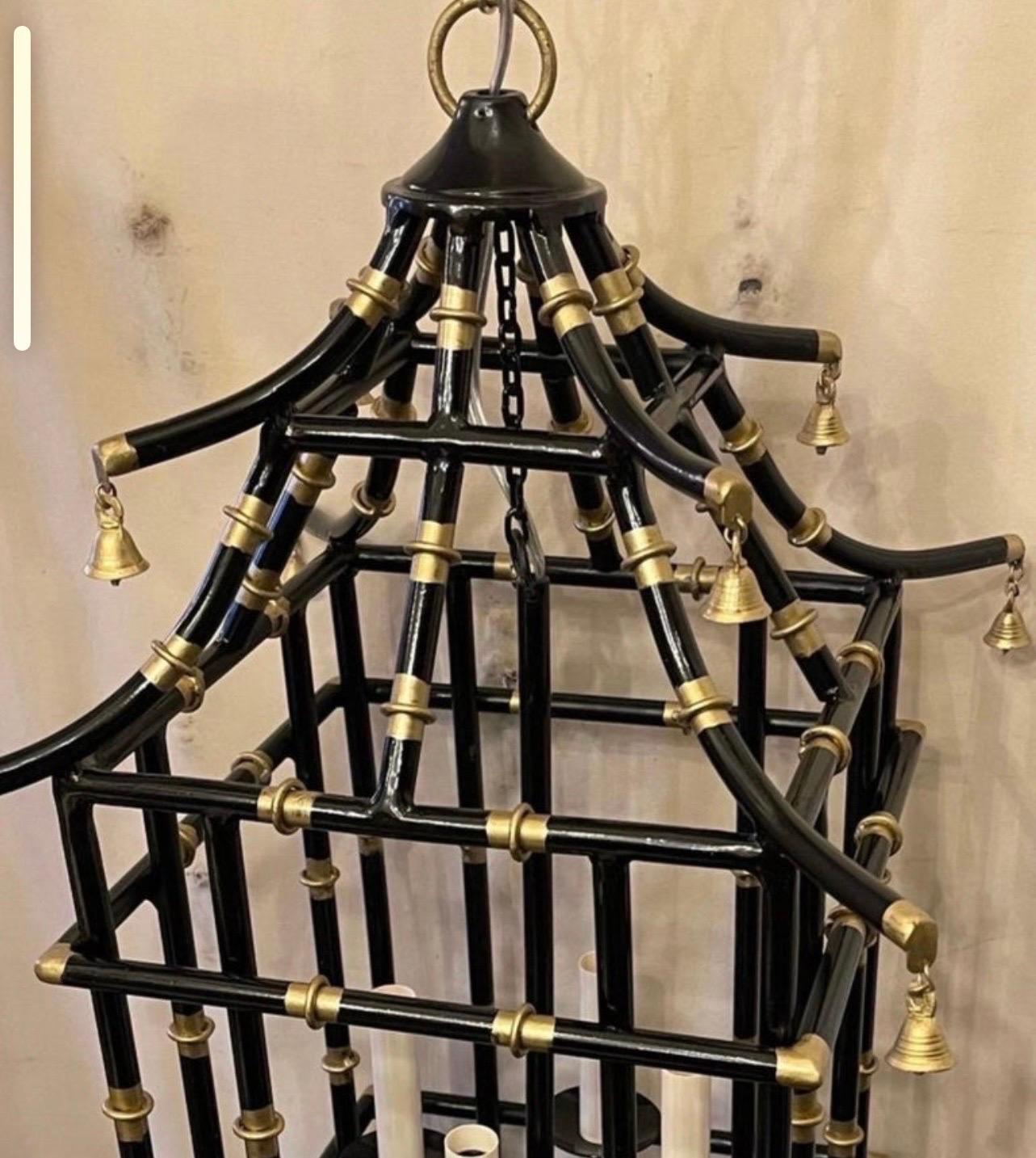 Italian Wonderful Medium Black & Gold Gilt Pagoda Bamboo Chinoiserie Lantern Fixture For Sale