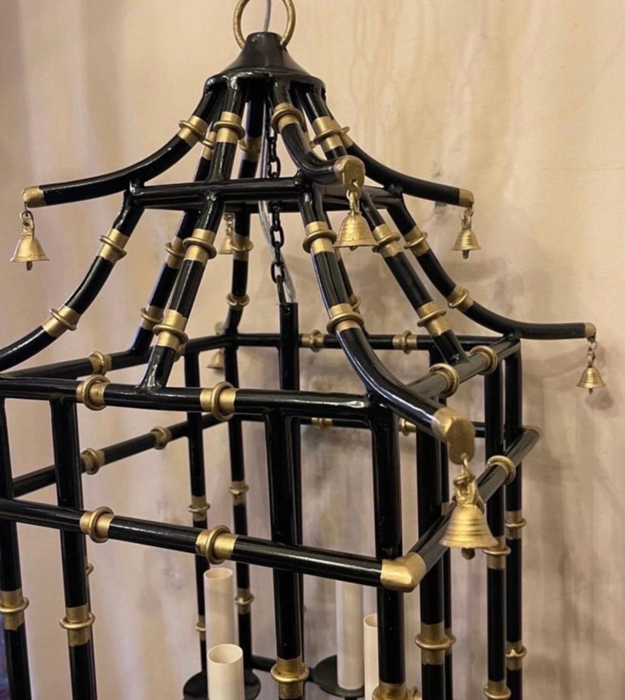 Enameled Wonderful Medium Black & Gold Gilt Pagoda Bamboo Chinoiserie Lantern Fixture For Sale