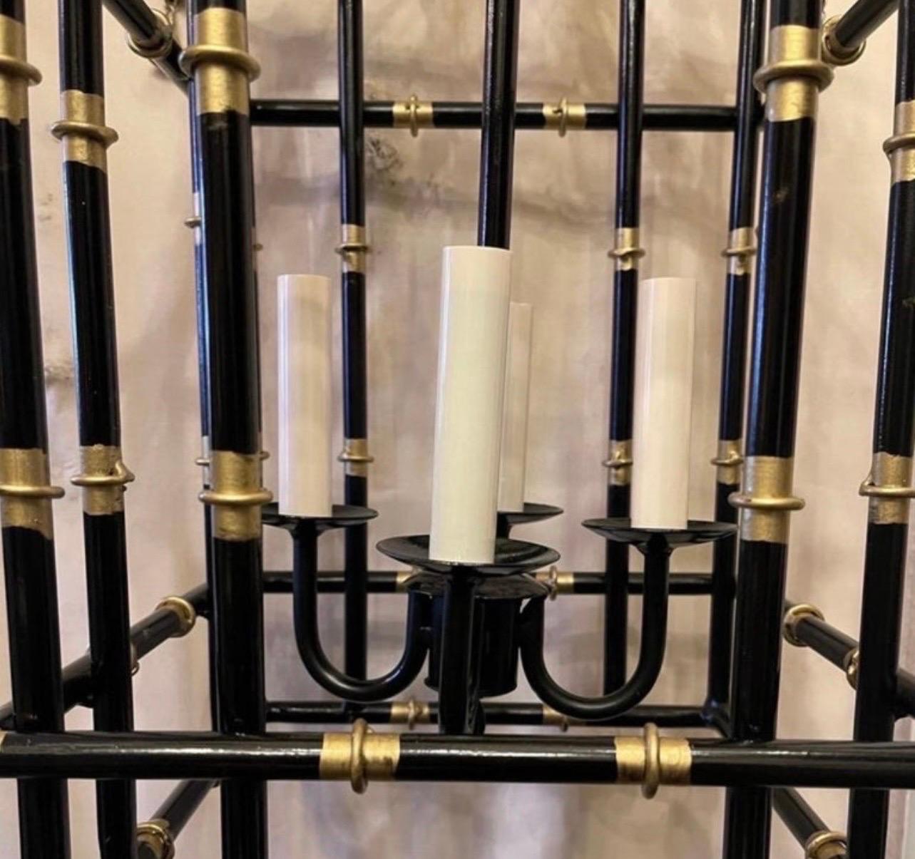 Wonderful Medium Black & Gold Gilt Pagoda Bamboo Chinoiserie Lantern Fixture In Good Condition For Sale In Roslyn, NY