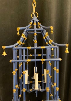 Fine Medium Pair Navy Blue Gold Gilt Pagoda Bamboo Chinoiserie Lantern Fixtures
