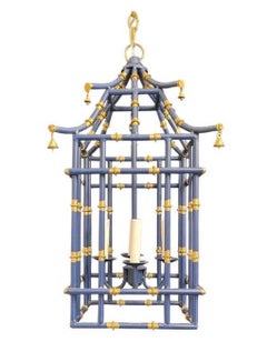 Wonderful Navy Blue Gold Gilt Pagoda Bamboo Chinoiserie Lantern Pair Fixtures