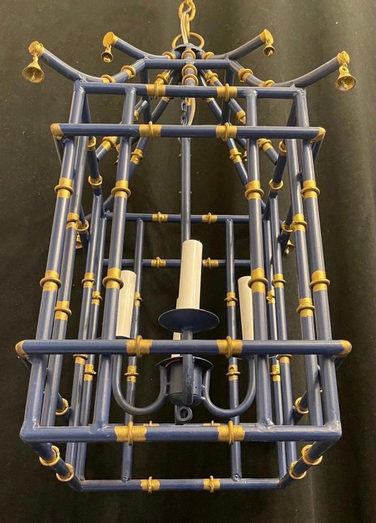Italian Wonderful Navy Blue Gold Gilt Pagoda Bamboo Chinoiserie Lantern Pair Fixtures For Sale