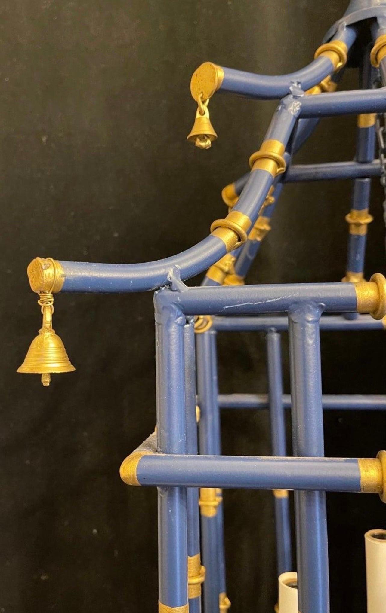20th Century Wonderful Navy Blue Gold Gilt Pagoda Bamboo Chinoiserie Lantern Pair Fixtures For Sale