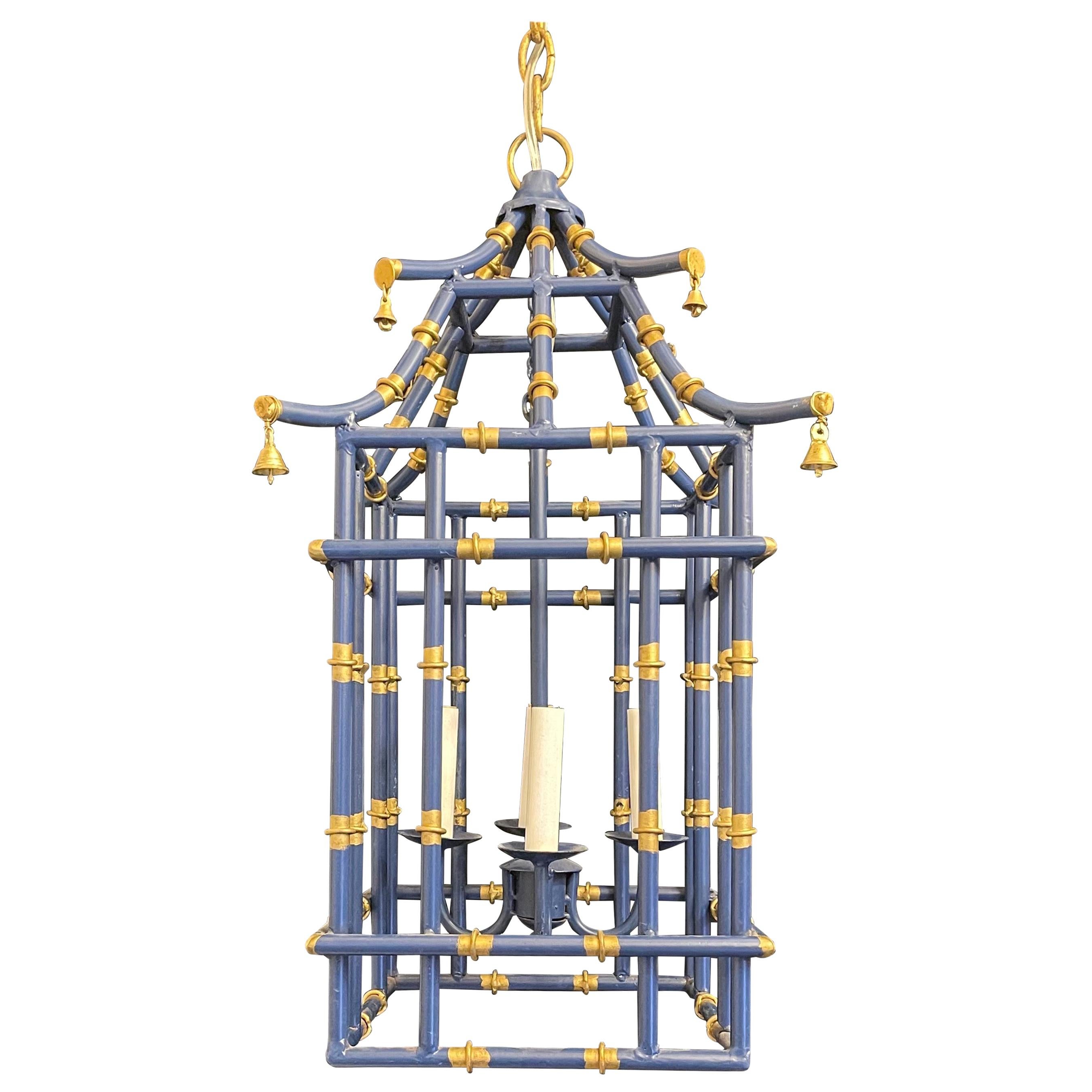 Fine Medium Pair Navy Blue Gold Gilt Pagoda Bamboo Chinoiserie Lantern Fixtures