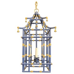 Fine Medium Pair Navy Blue Gold Gilt Pagoda Bamboo Chinoiserie Lantern Fixtures