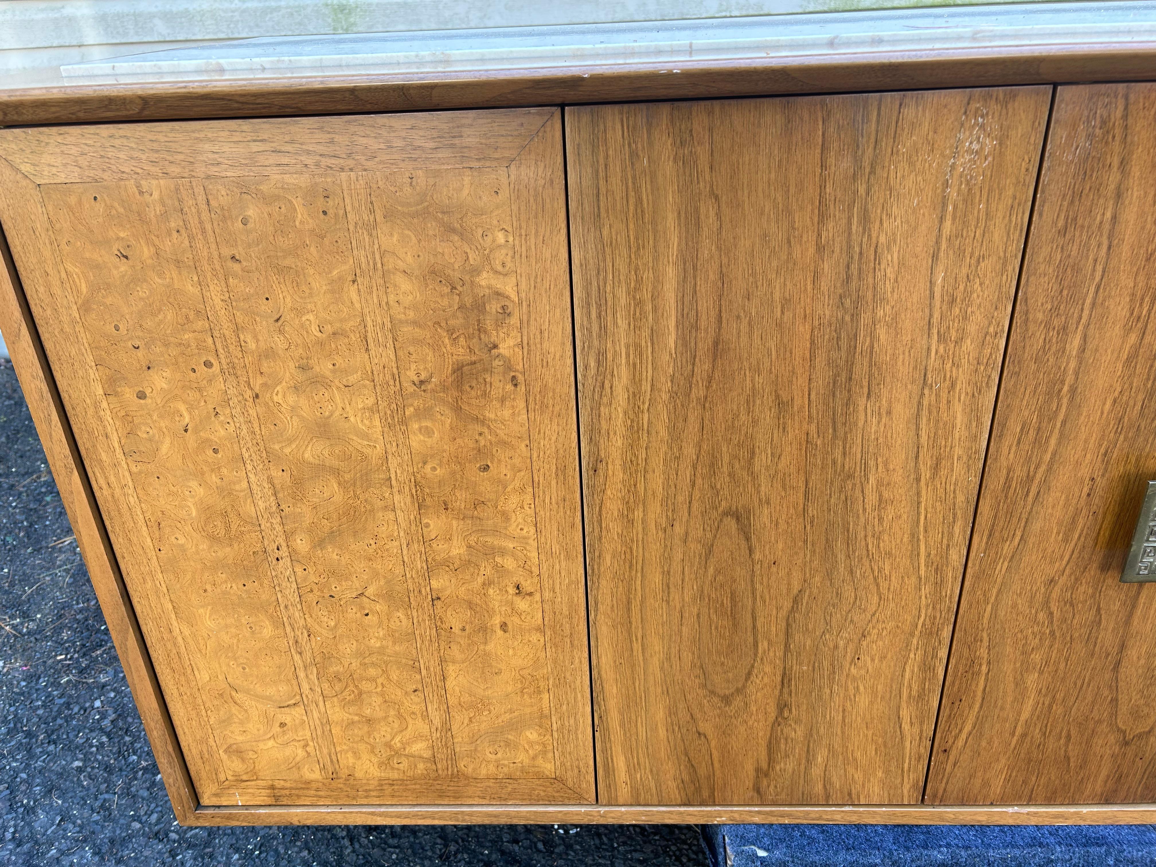 Wonderful Mid-Century Burl Wood Travertine Floating Hanging Cabinet Credenza In Good Condition For Sale In Pemberton, NJ