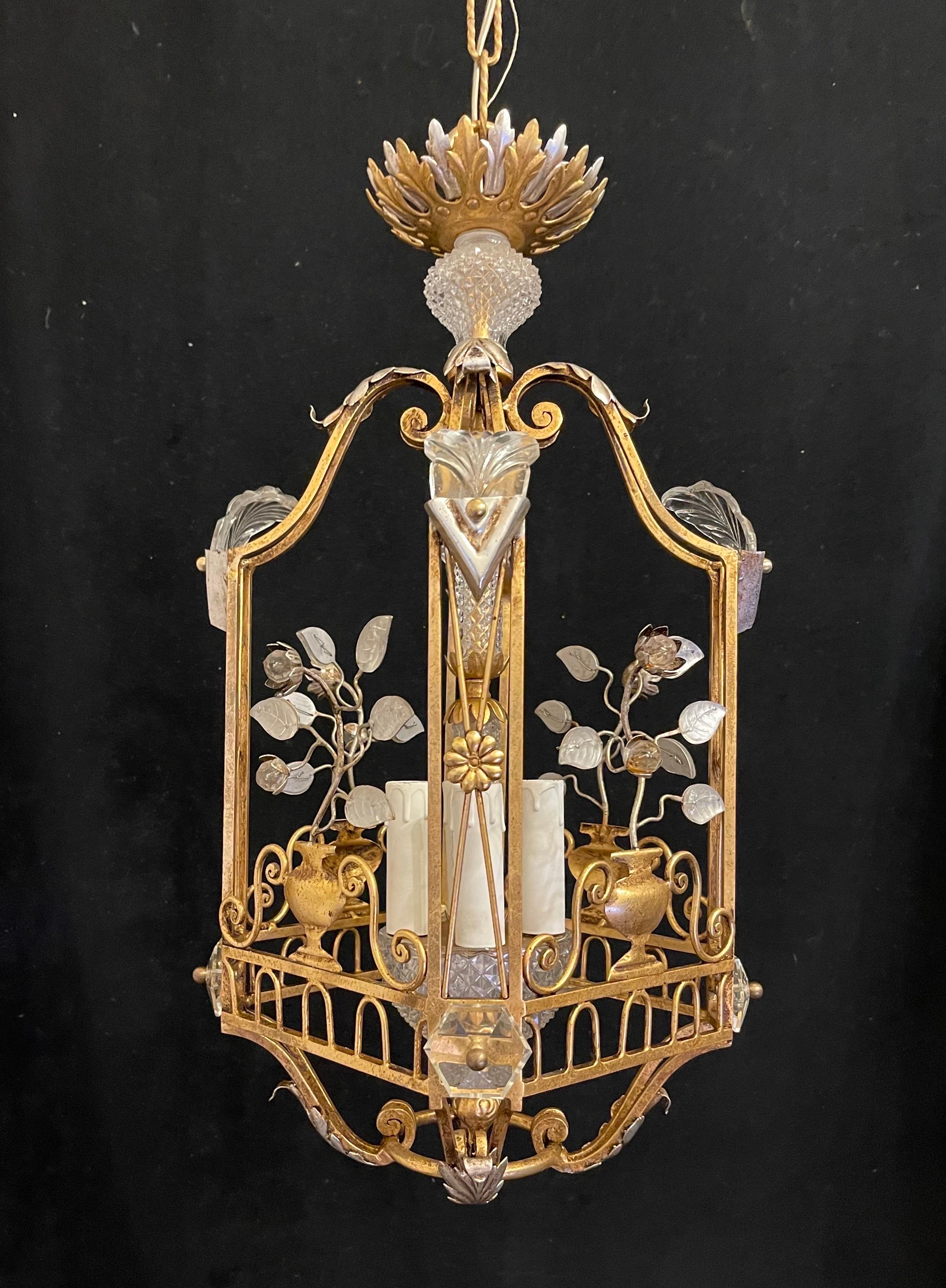 A wonderful mid-century modern French gold gilt Maison Baguès style square crystal adorned lantern pagoda basket form 4 candelabra light chandelier / light fixture, 
Accompanied by chain & canopy.