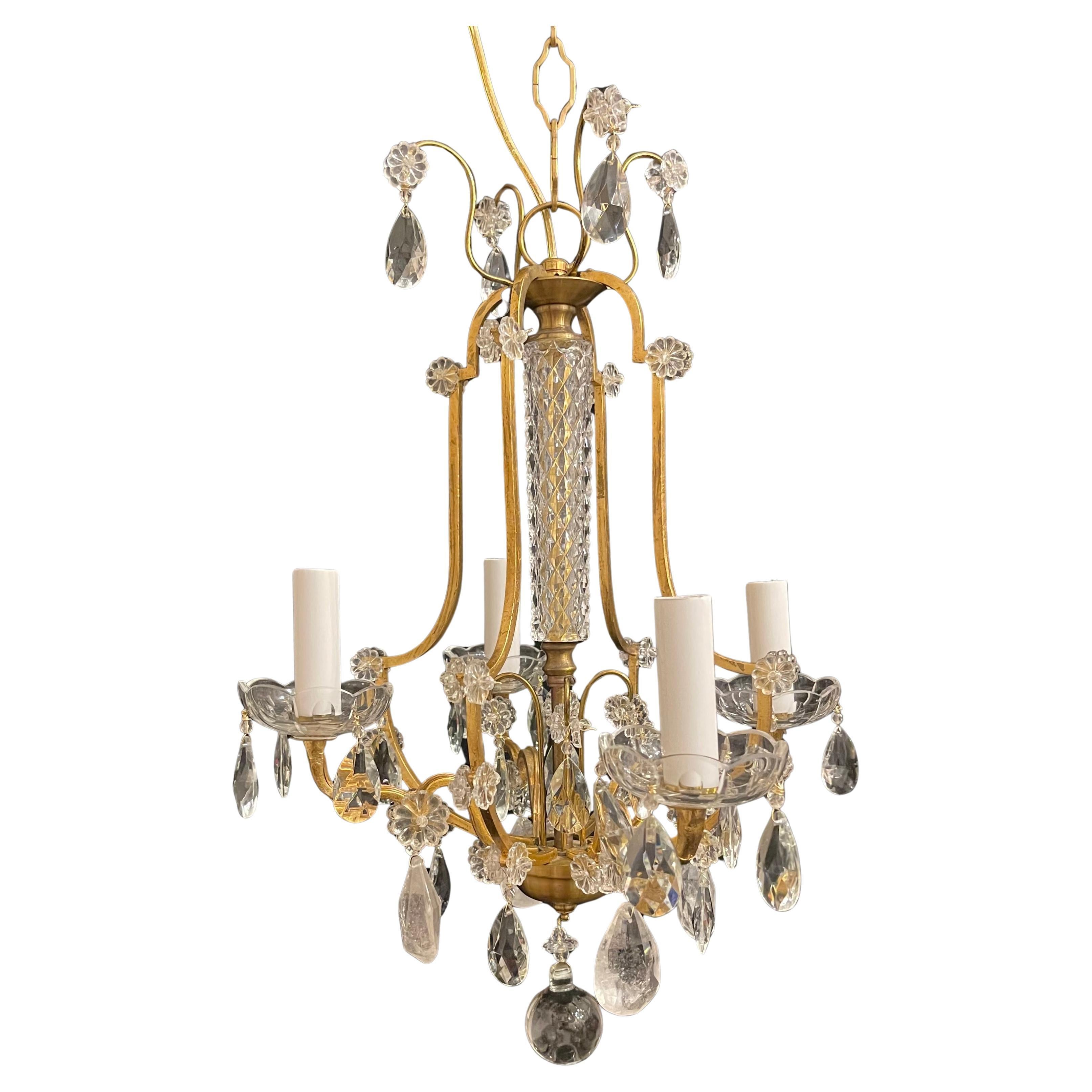Wonderful Mid Century Maison Bagues Brass Rock Crystal Petite French Chandelier