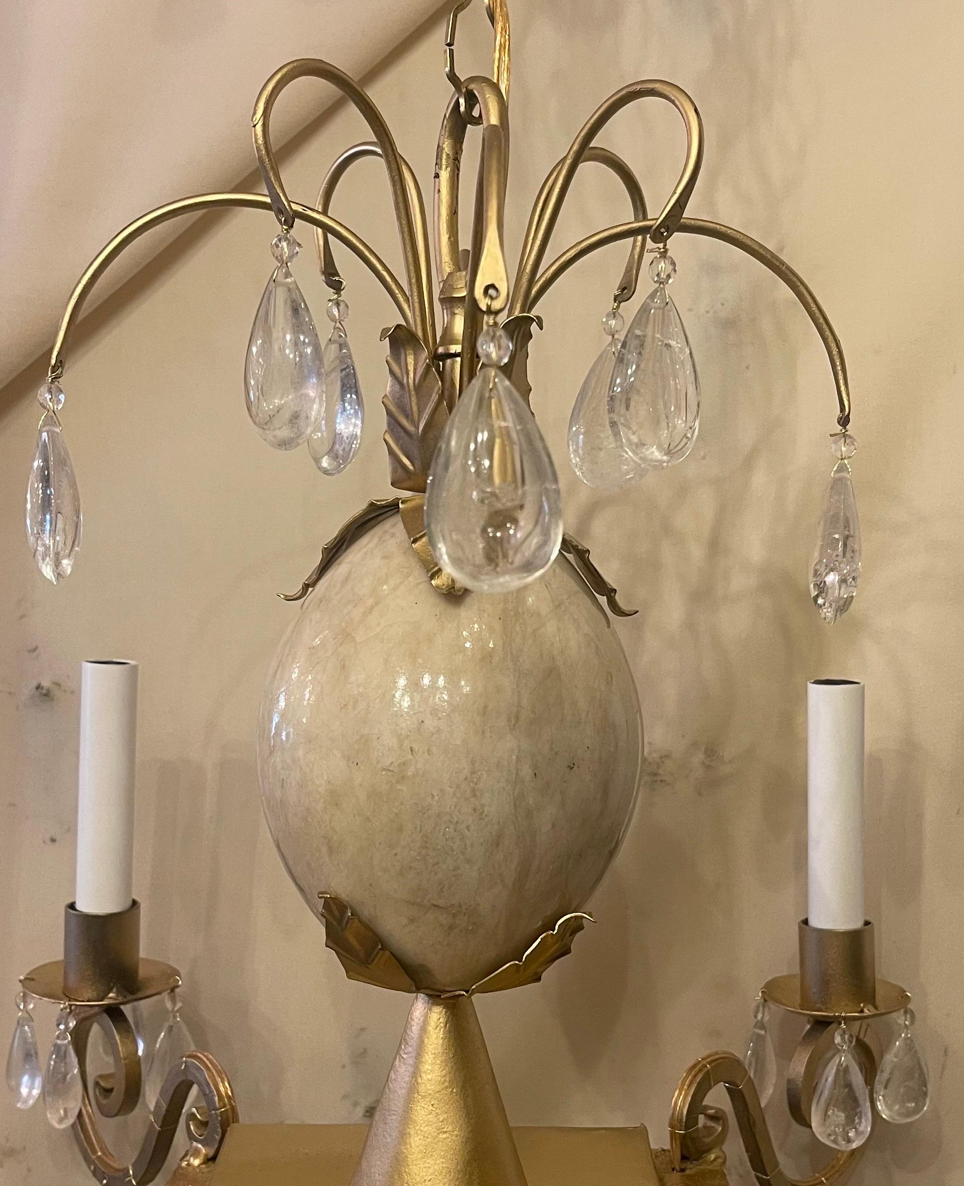 A Wonderful Mid-Century Maison Baguès Marble Center With Rock Crystal Drops On A Gold Gilt 4 Candelabra Light Fixture