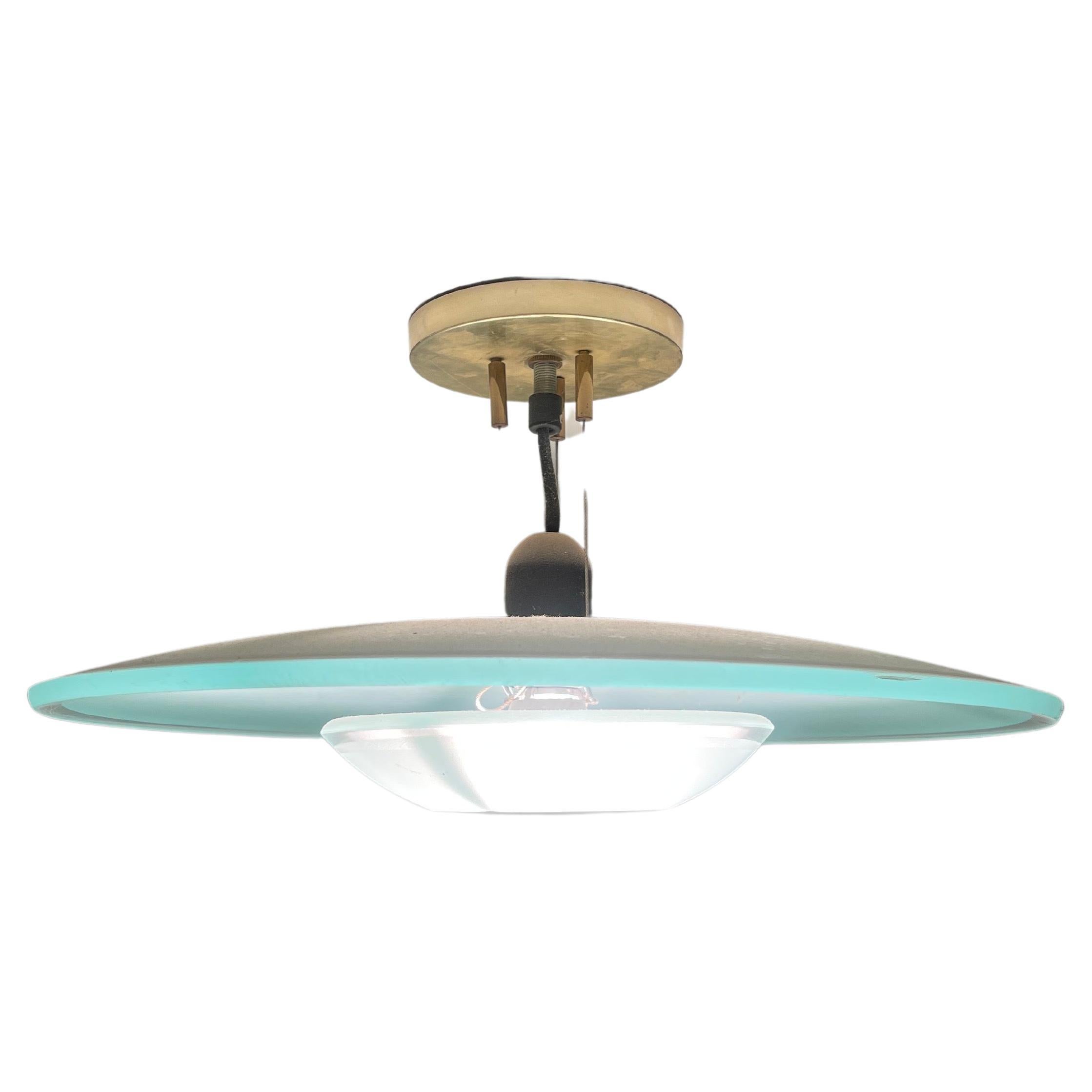 Wonderful Mid-Century Modern Art Deco Lightoiler Glass Hanging Pendant Fixture In Good Condition For Sale In Roslyn, NY
