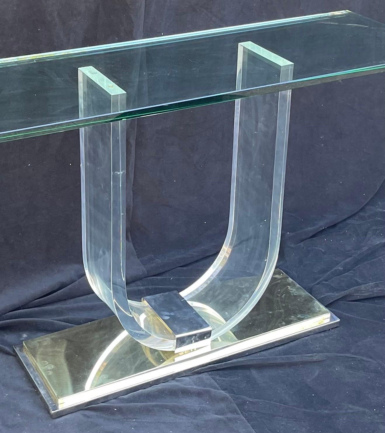A Wonderful Mid-Century Modern / Art Deco lucite with chrome & brass base console / serving table with thick glass top in the manner of Karl Springer.
