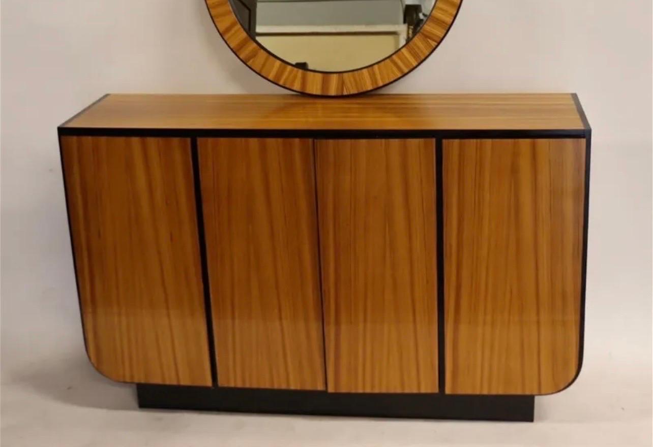 A Wonderful Mid-Century Modern / Art Deco Style With Macassar Ebony Finish Sideboard Serving Cabinet & Matching Round Mirror

Measurements:
36